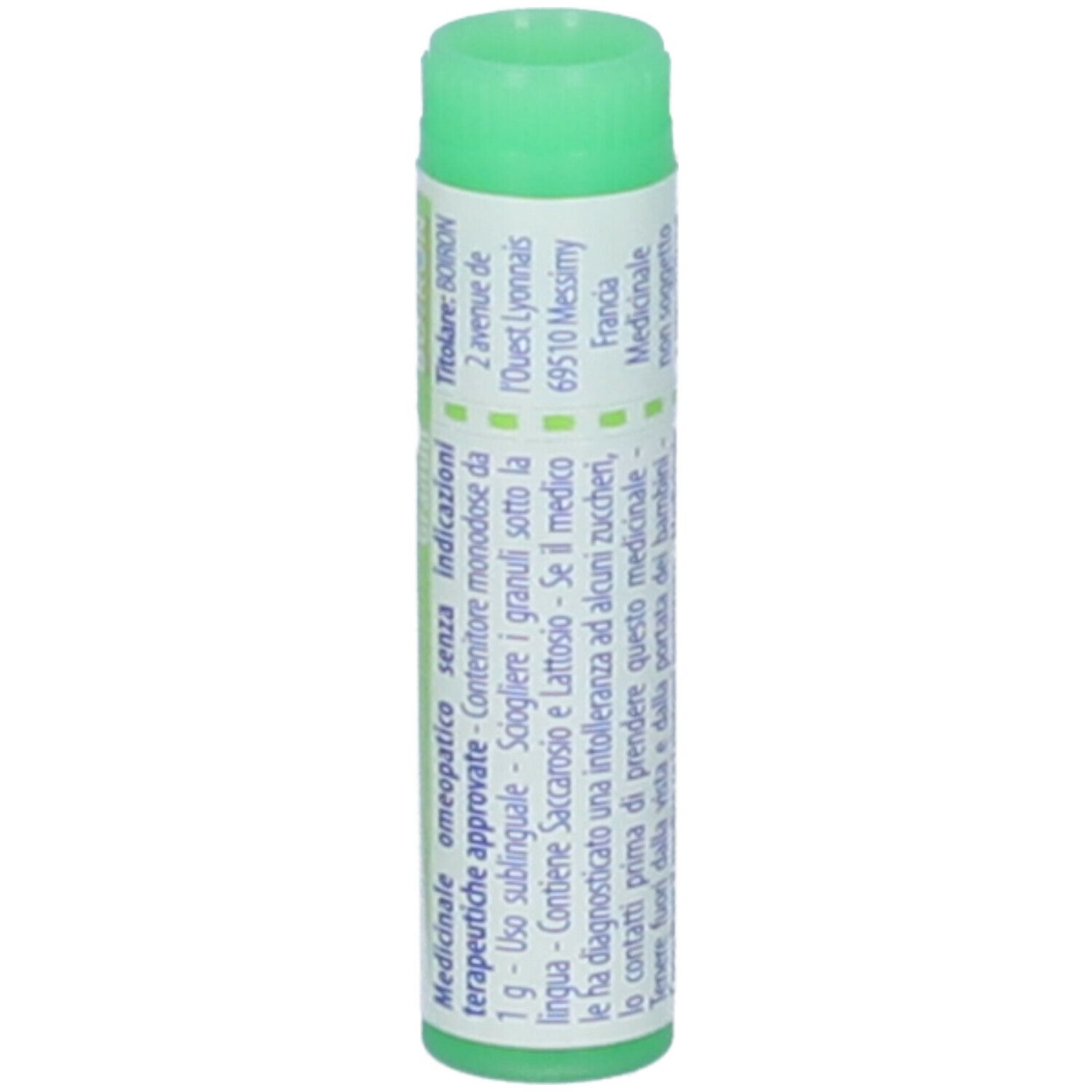 Tubo di globuli con tappo verde. Scritta: Streptococcinum 200 ch, BOIRON. Etichetta con informazioni e indirizzo.