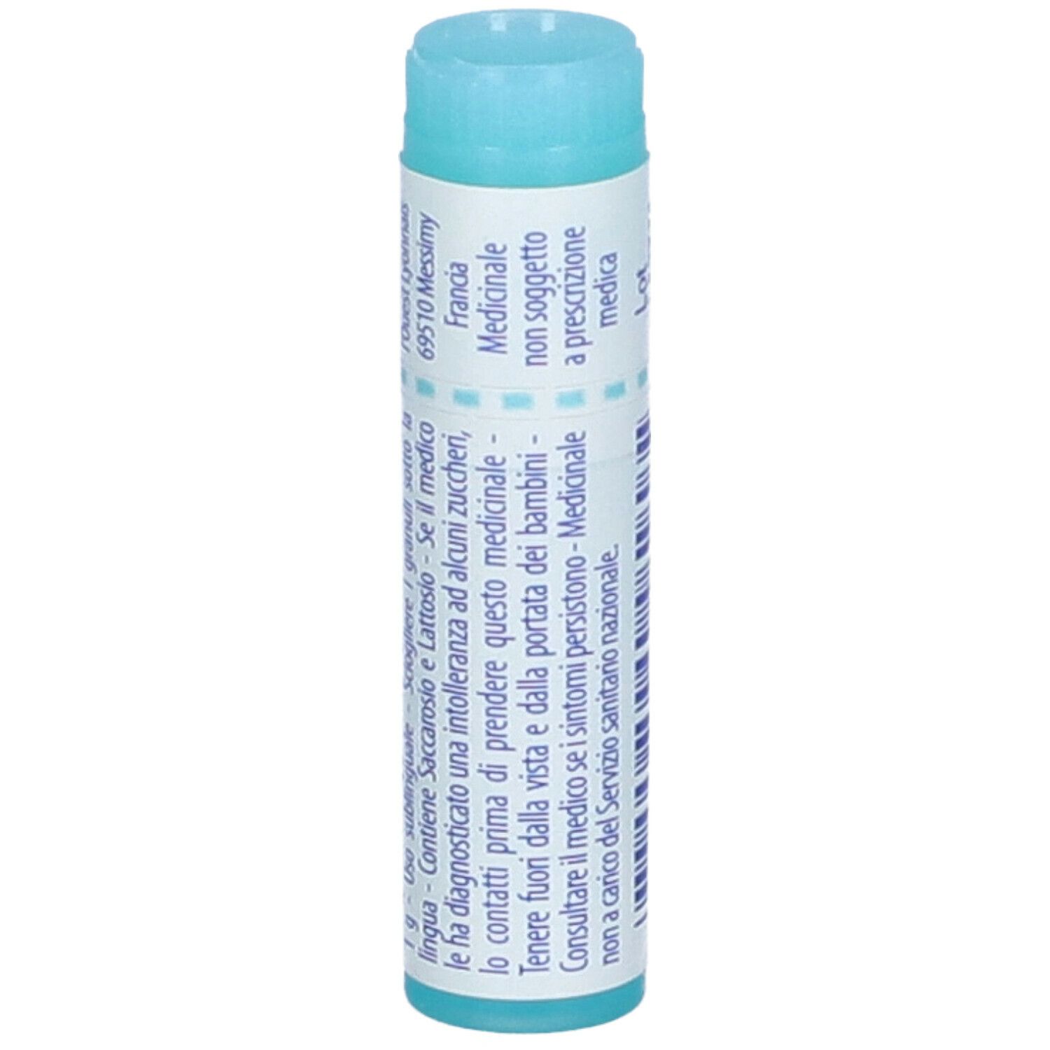 Tubo cilindrico blu. Scritta: Thuya occidentalis, 7 ch, BOIRON. Testo e codice a barre.