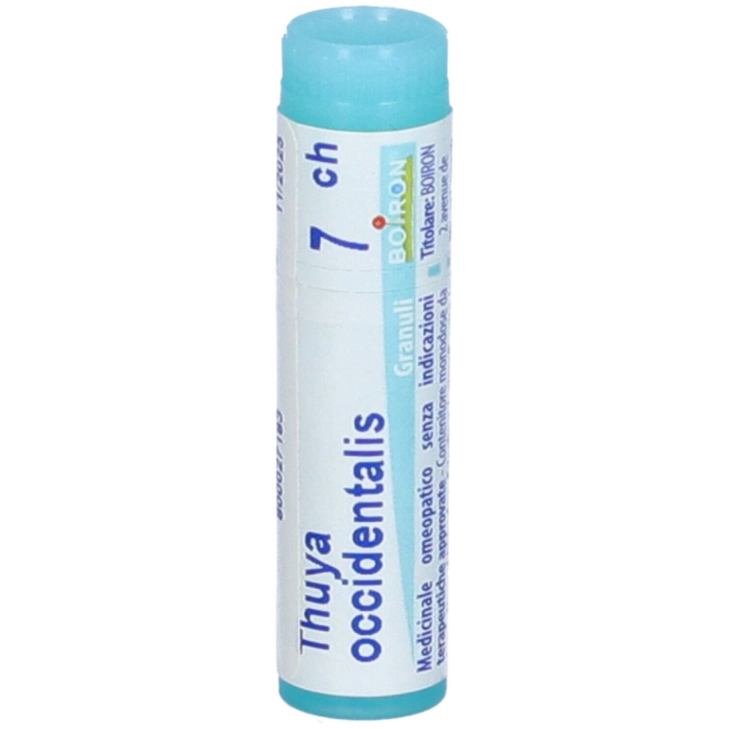 Tubo cilindrico blu. Scritta: Thuya occidentalis, 7 ch, BOIRON. Testo e codice a barre.
