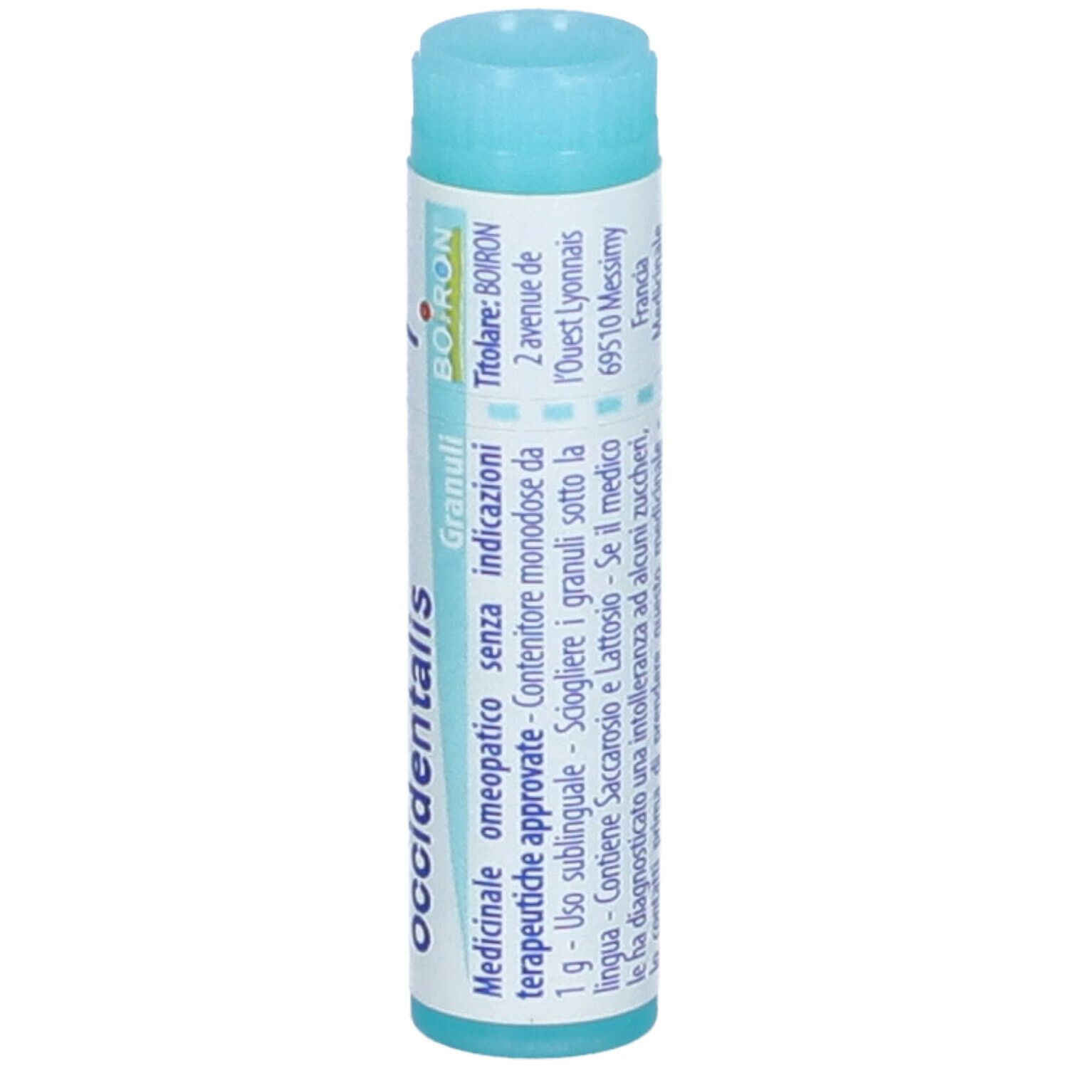 Tubo cilindrico blu. Scritta: Thuya occidentalis, 7 ch, BOIRON. Testo e codice a barre.