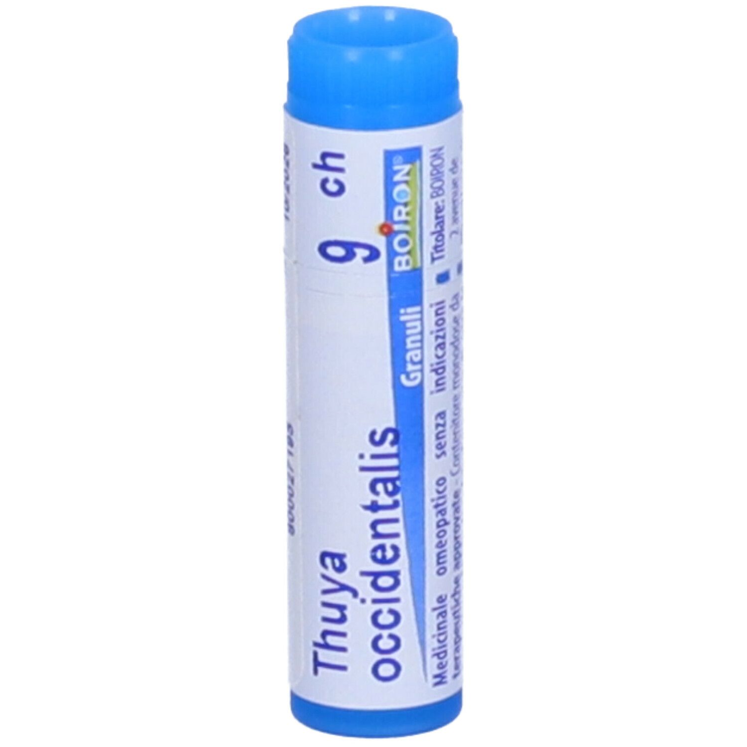 Tubo blu con etichetta bianca. Scritta: Thuya occidentalis, 9 ch, Granuli, BOIRON. Tappo blu.