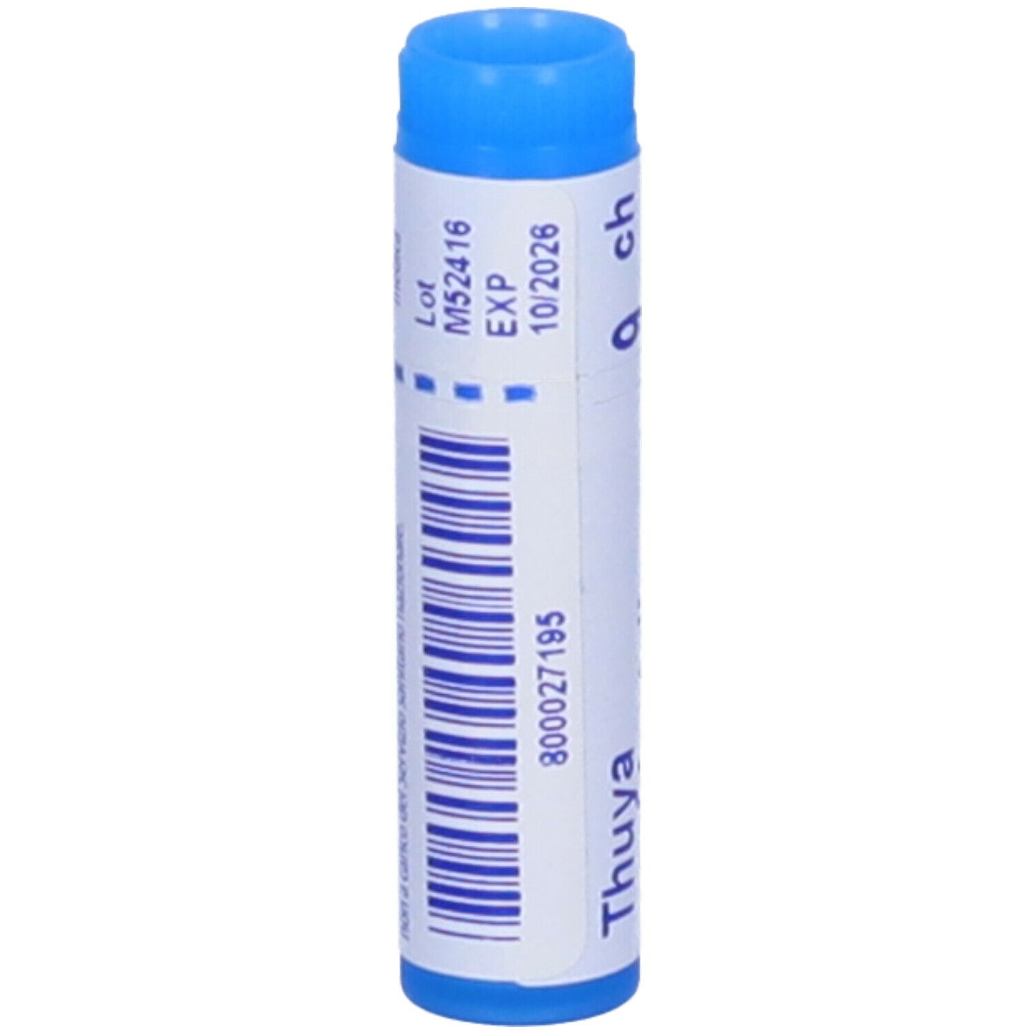 Tubo blu con etichetta bianca. Scritta: Lot, EXP, 10/2026, 800027195. Tappo blu.