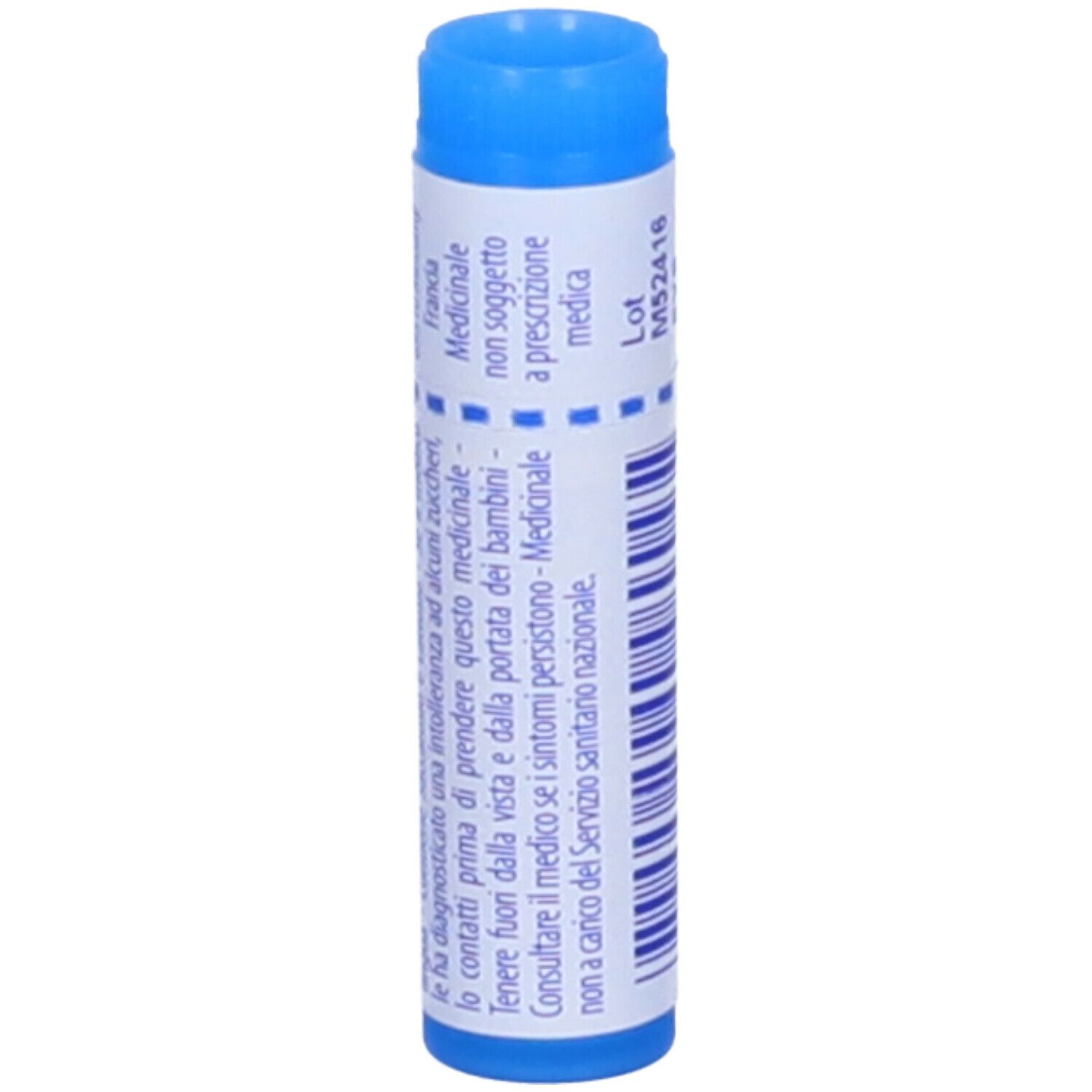 Tubo blu con etichetta bianca. Testo: Informazioni mediche, non soggette a prescrizione. Tappo blu.