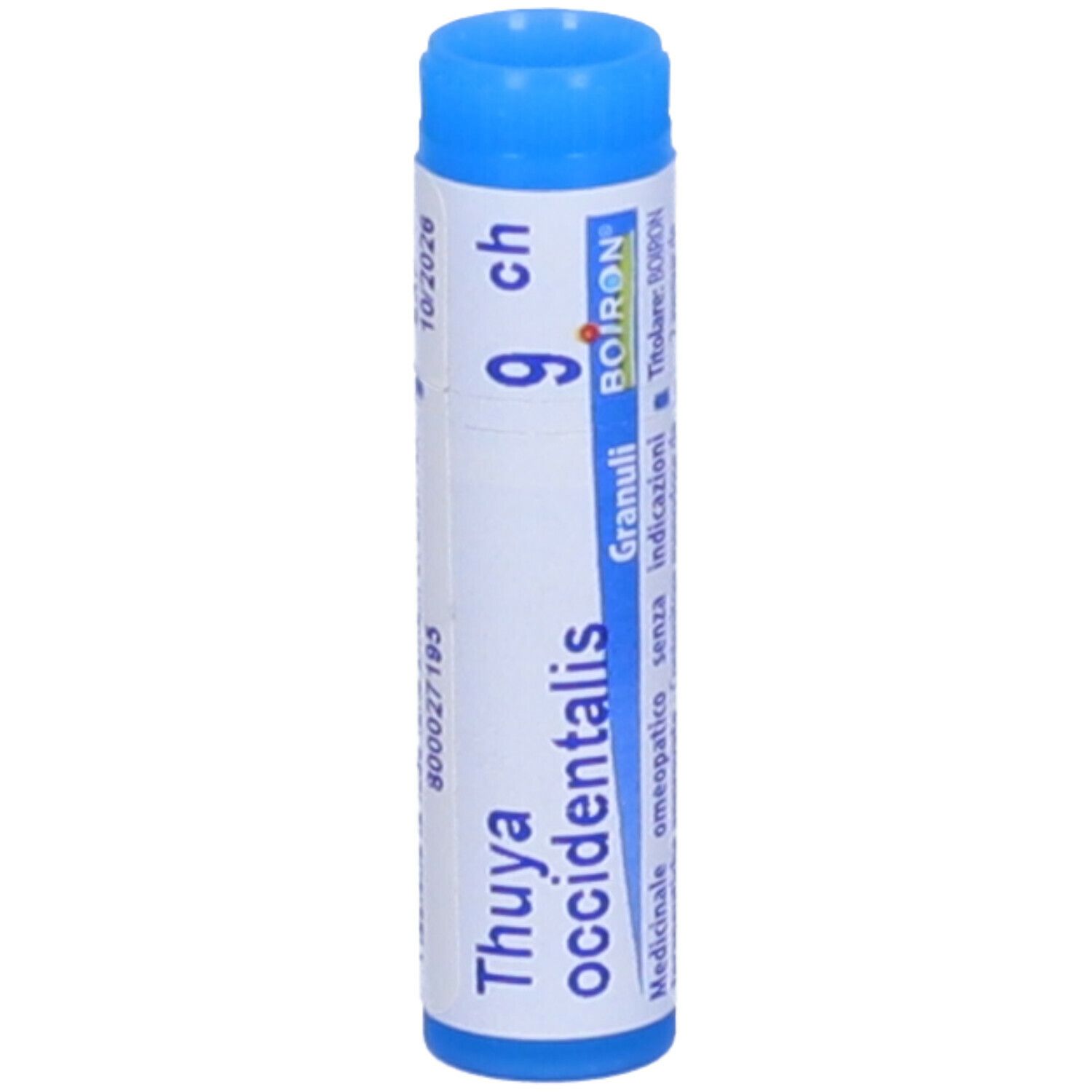 Tubo blu con etichetta bianca. Scritta: Thuya occidentalis, 9 ch, Granuli, BOIRON. Tappo blu.