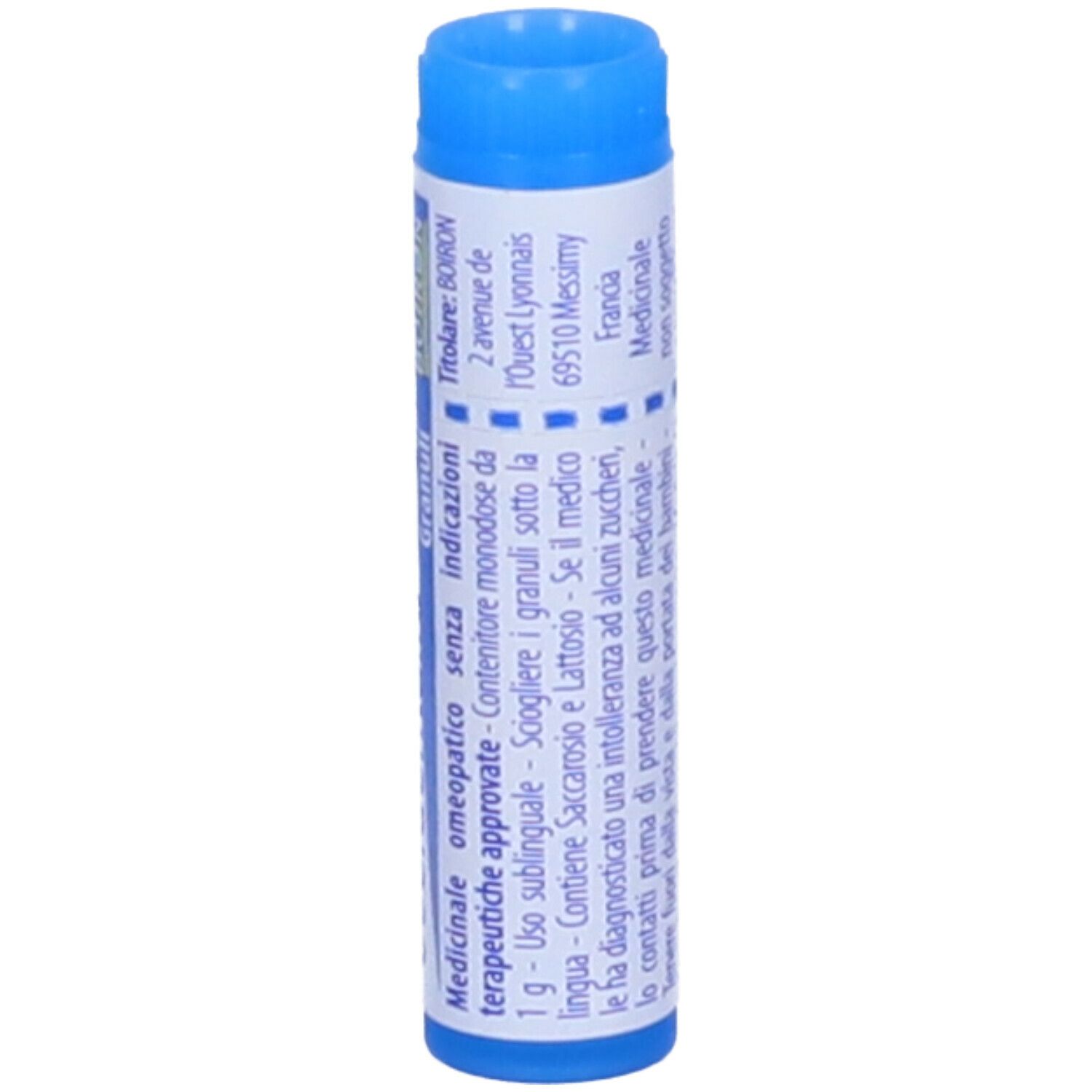 Tubo blu con etichetta bianca. Scritta: Thuya occidentalis, 9 ch, Granuli, BOIRON. Tappo blu.