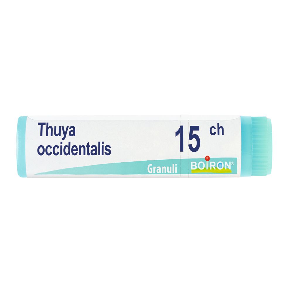 Confezione cilindrica con tappo blu. Scritta: Thuya occidentalis, 15 ch, Granuli, BOIRON.