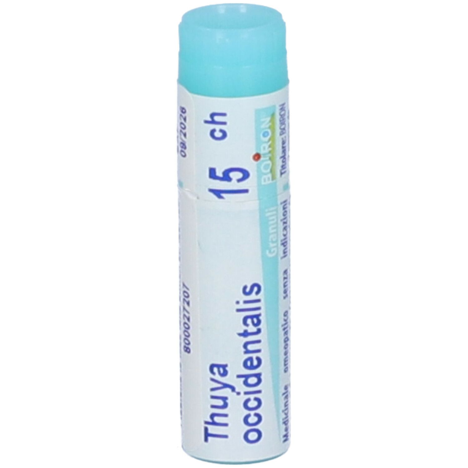 Confezione cilindrica blu. Scritta: Thuya occidentalis, 15 ch, BOIRON, Granuli, 09/2026.