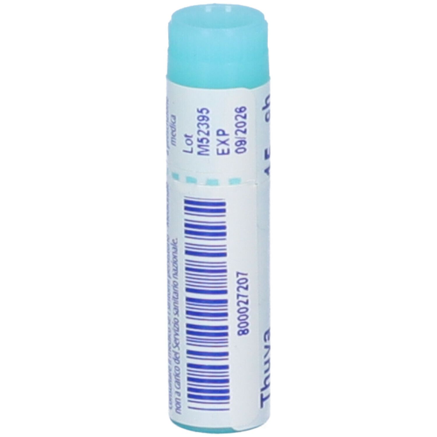 Confezione cilindrica blu. Scritta: Thuya occidentalis, 15 ch, BOIRON, Granuli, 09/2026, codice a barre.