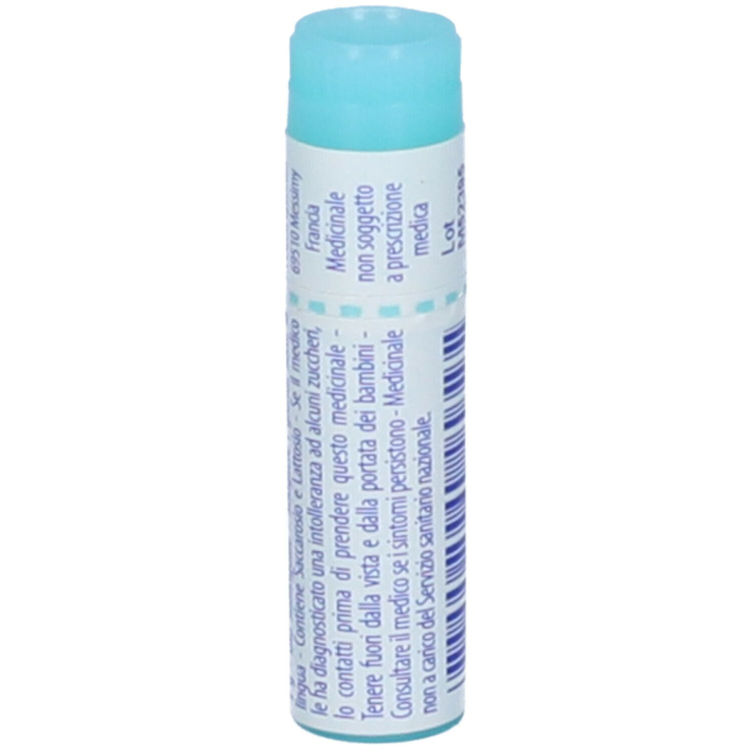 Confezione cilindrica blu. Scritta: Thuya occidentalis, 15 ch, BOIRON, Granuli, 09/2026, testo.