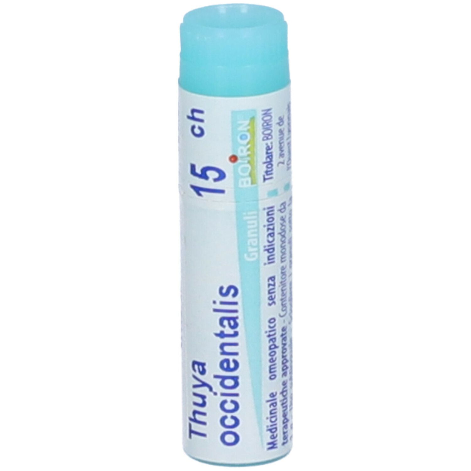 Confezione cilindrica blu. Scritta: Thuya occidentalis, 15 ch, BOIRON, Granuli.