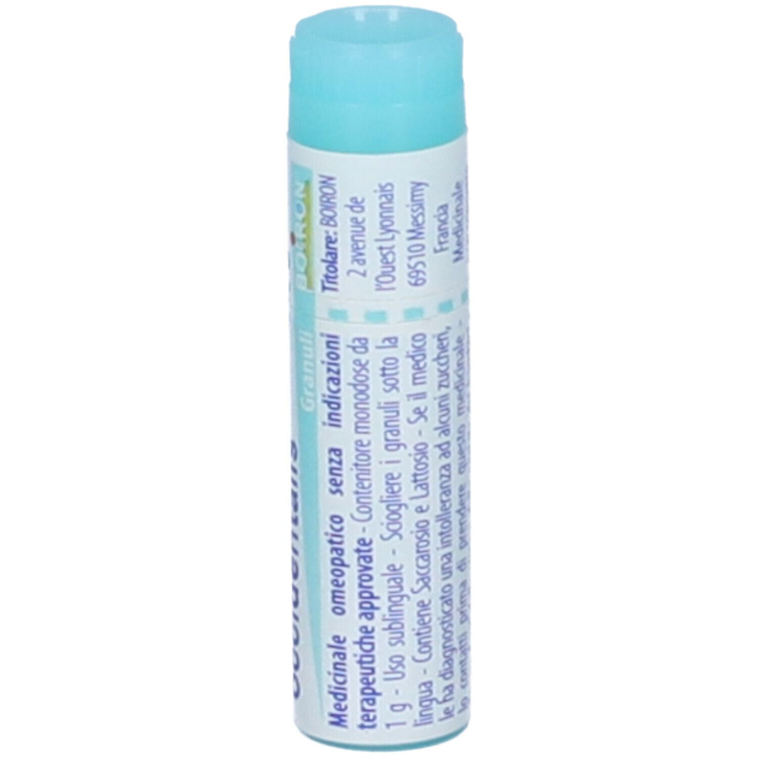 Confezione cilindrica blu. Scritta: Thuya occidentalis, 15 ch, BOIRON, Granuli.