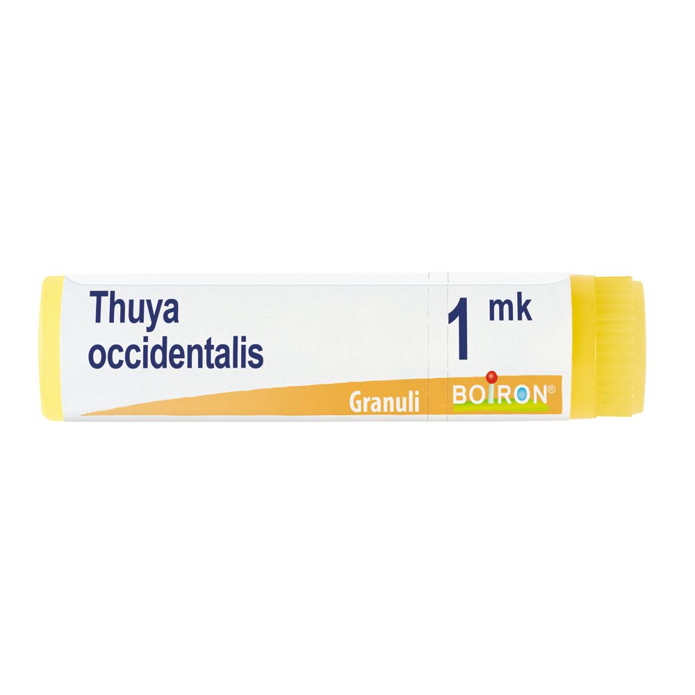 Confezione cilindrica con tappi gialli. Scritta: Thuya occidentalis, 1 mk, Boiron, Granuli.