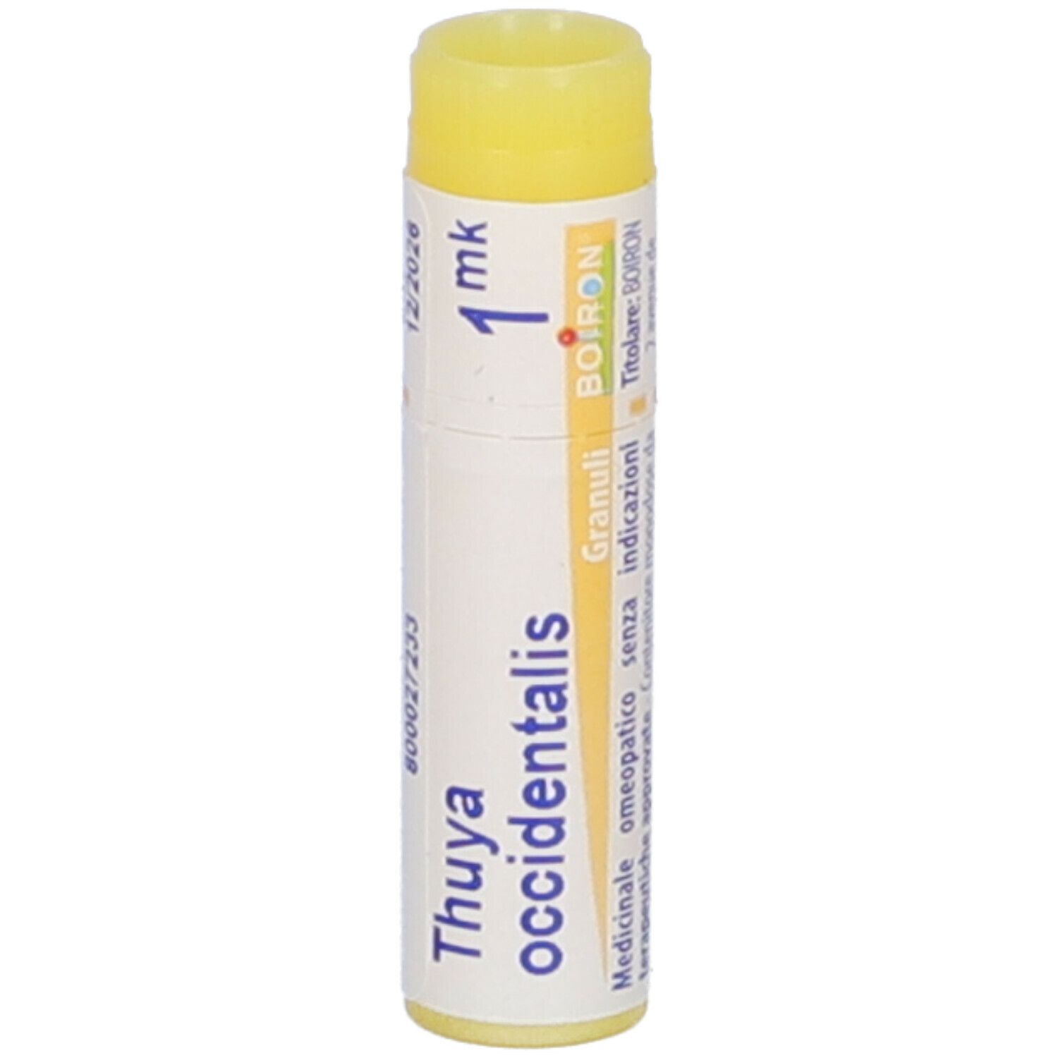 Confezione cilindrica con tappo giallo. Scritta: Thuya occidentalis, 1 mk, Boiron, Granuli.
