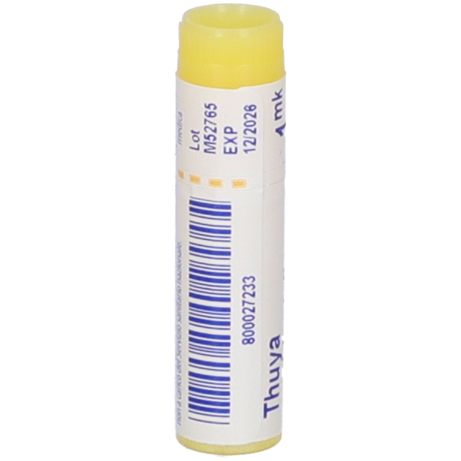 Confezione cilindrica con tappo giallo. Scritta: Thuya occidentalis, 4 mk, e codice a barre.