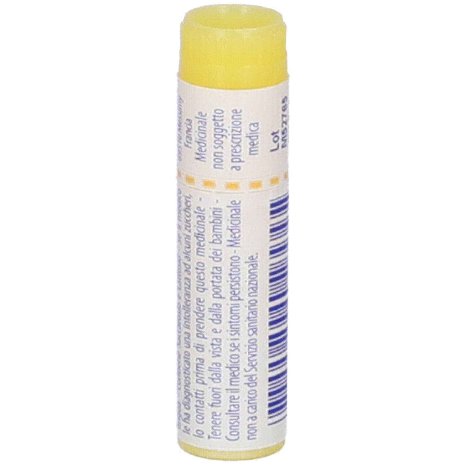 Confezione cilindrica con tappo giallo. Scritta: Thuya occidentalis, e informazioni mediche.