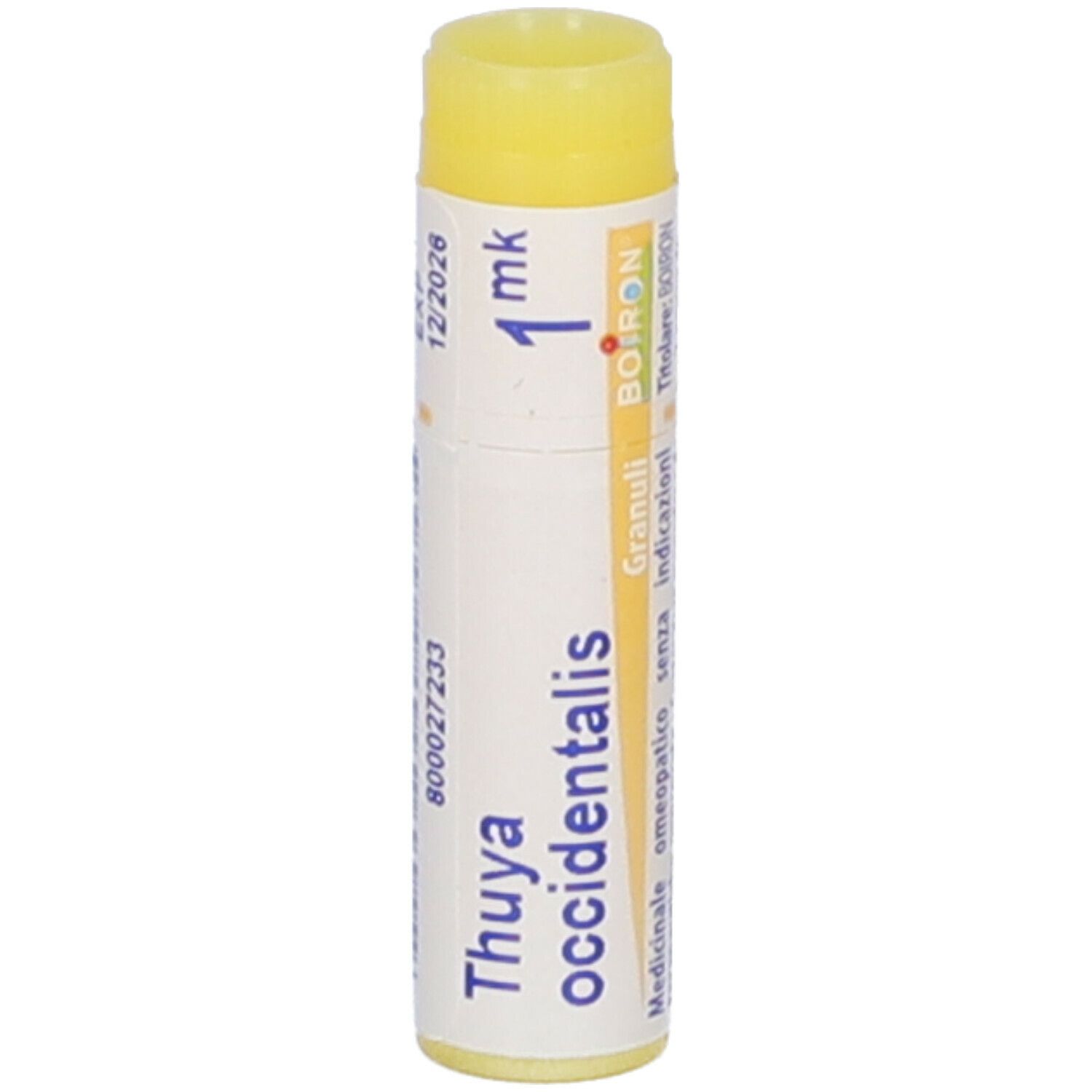 Confezione cilindrica con tappo giallo. Scritta: Thuya occidentalis, 1 mk, Boiron, Granuli.
