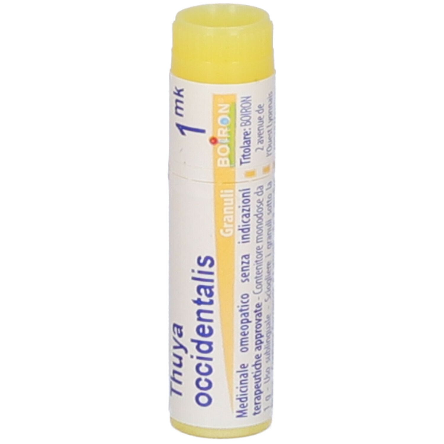 Confezione cilindrica con tappo giallo. Scritta: Thuya occidentalis, 1 mk, Boiron, Granuli.