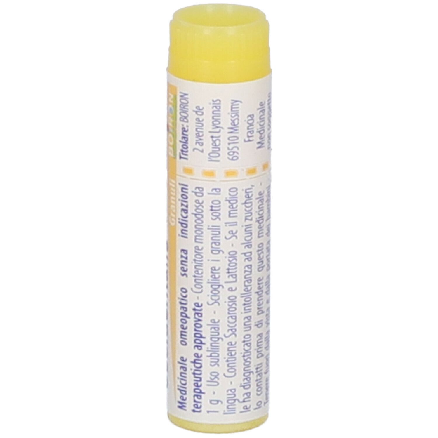 Confezione cilindrica con tappo giallo. Scritta: Thuya occidentalis, 1 mk, Boiron, Granuli.