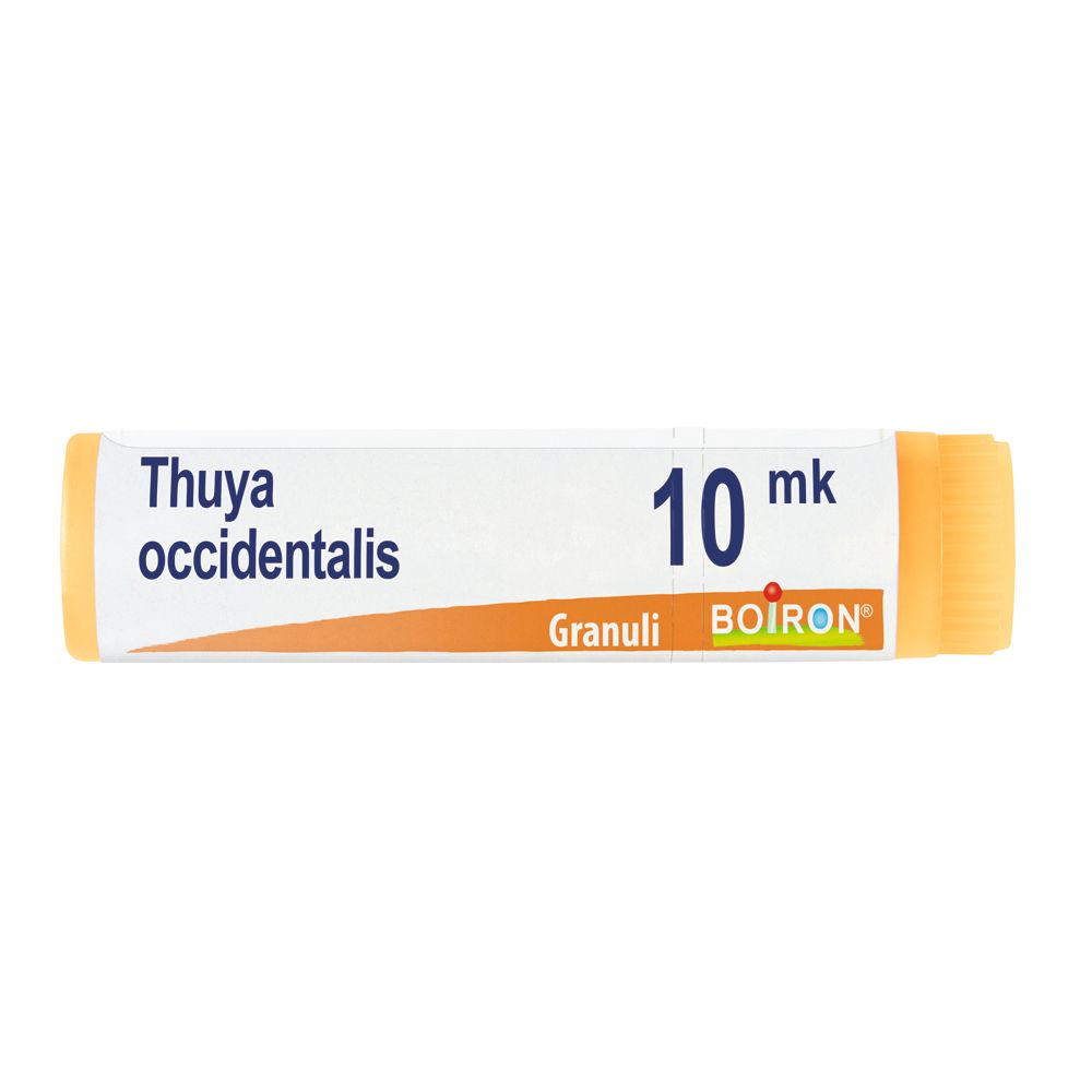 Confezione cilindrica con "Thuya occidentalis" e "10 mk". Marchio BOIRON® visibile. Contenuto: granuli.