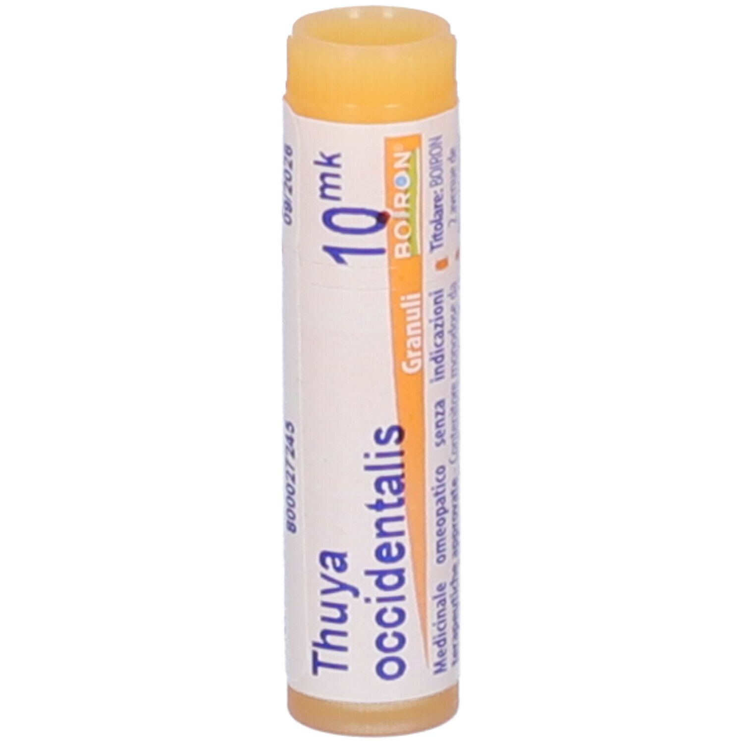 Confezione cilindrica con "Thuya occidentalis", "10 mk" e marchio BOIRON®. Contiene granuli.