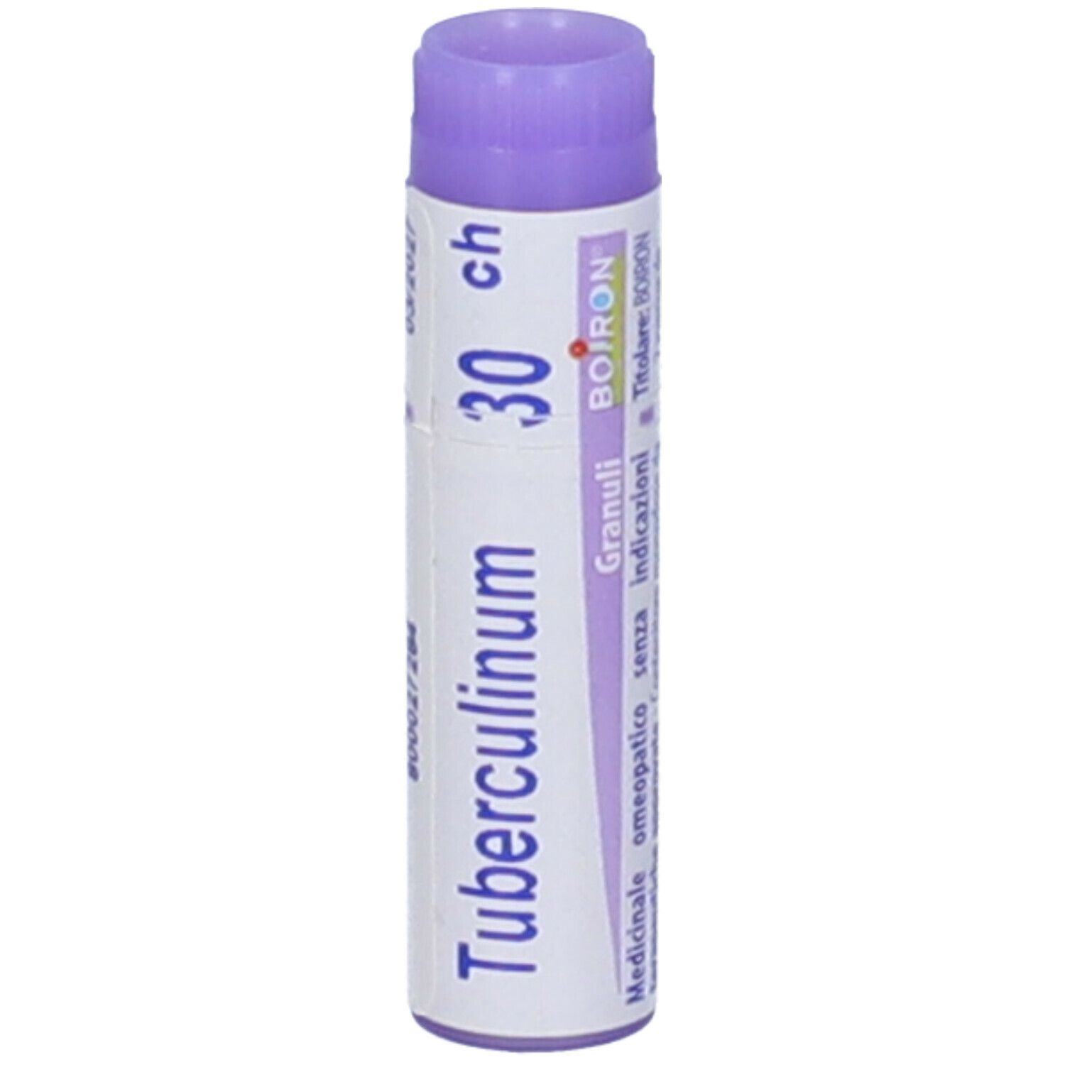 Confezione cilindrica di "Tubercolinum 30 ch" BOIRON. Tappo lilla. Informazioni sul lato.