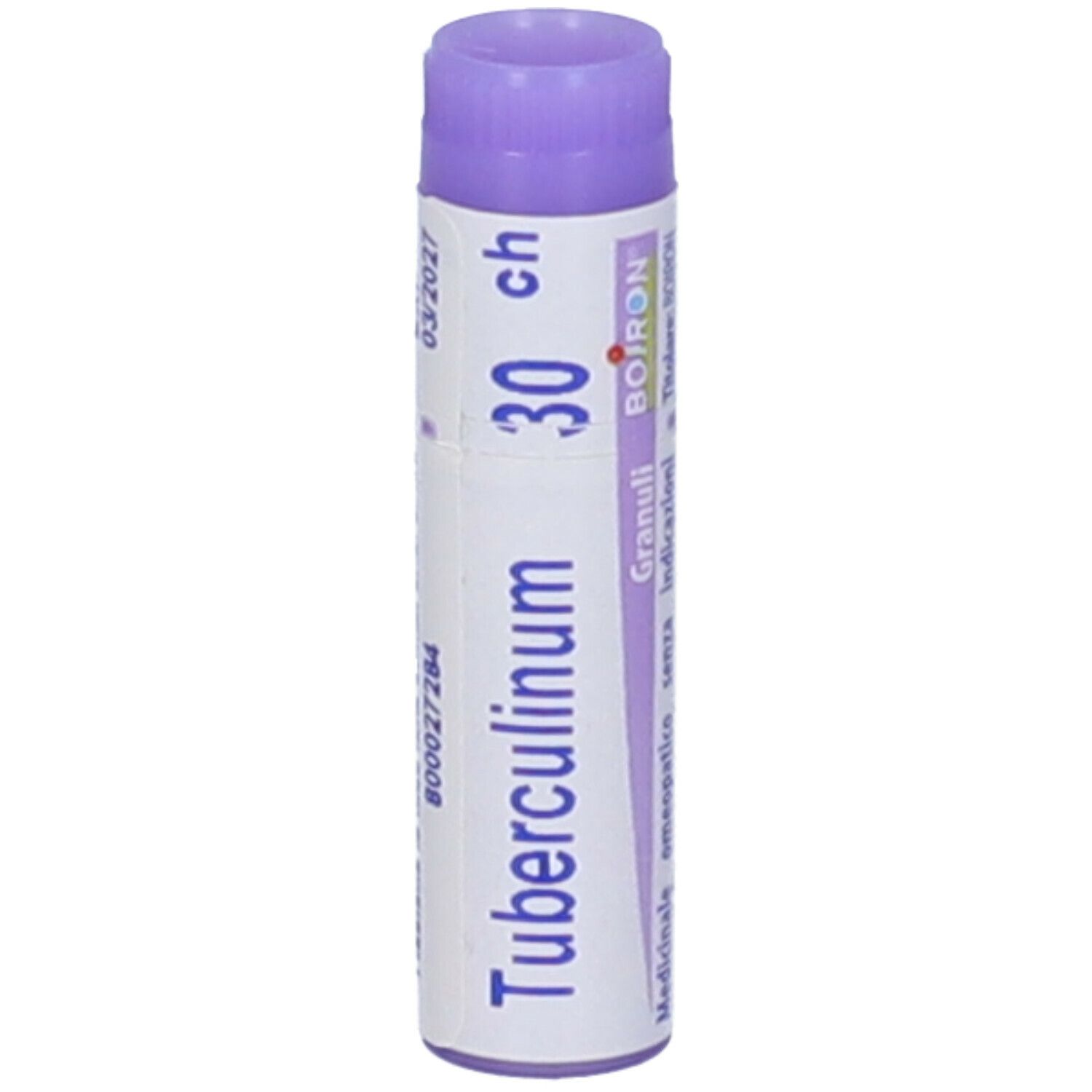 Confezione cilindrica di "Tubercolinum 30 ch" BOIRON. Tappo lilla. Informazioni sul lato.