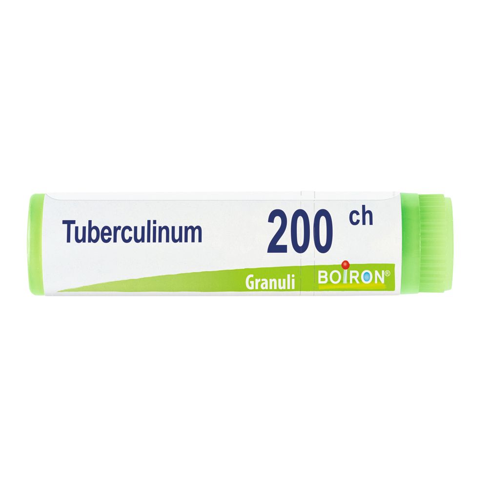 Confezione cilindrica con tappo verde. Scritta: Tubercolinum 200 ch, Granuli, BOIRON.