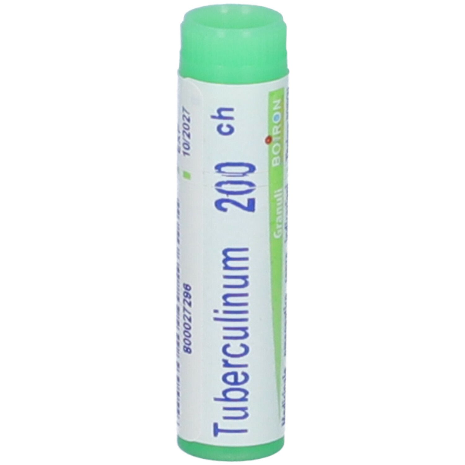 Confezione cilindrica con tappo verde. Scritta: Tubercolinum 200 ch, BOIRON. Scadenza 10/2027.