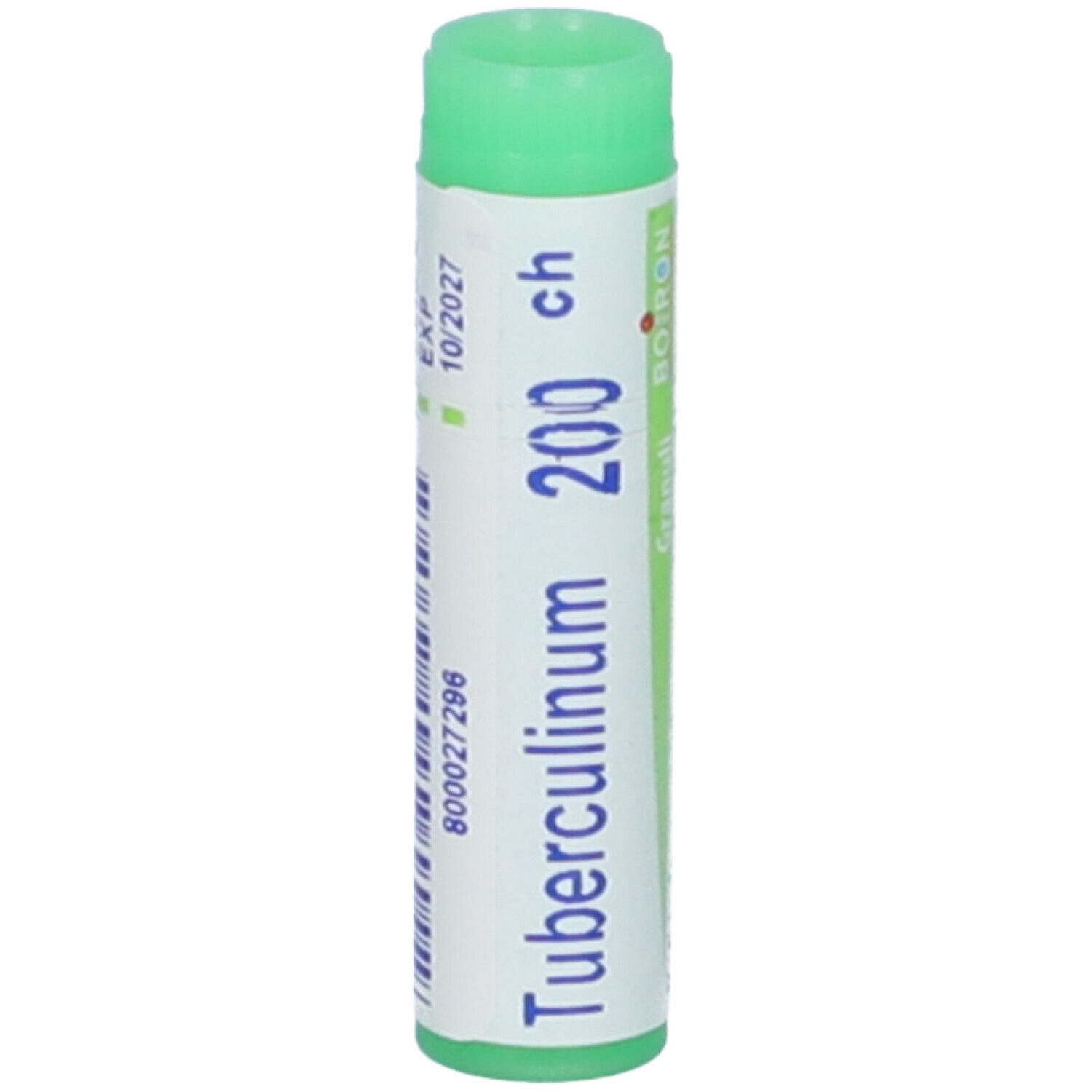 Confezione cilindrica con tappo verde. Scritta: Tubercolinum 200 ch, BOIRON. Scadenza 10/2027.
