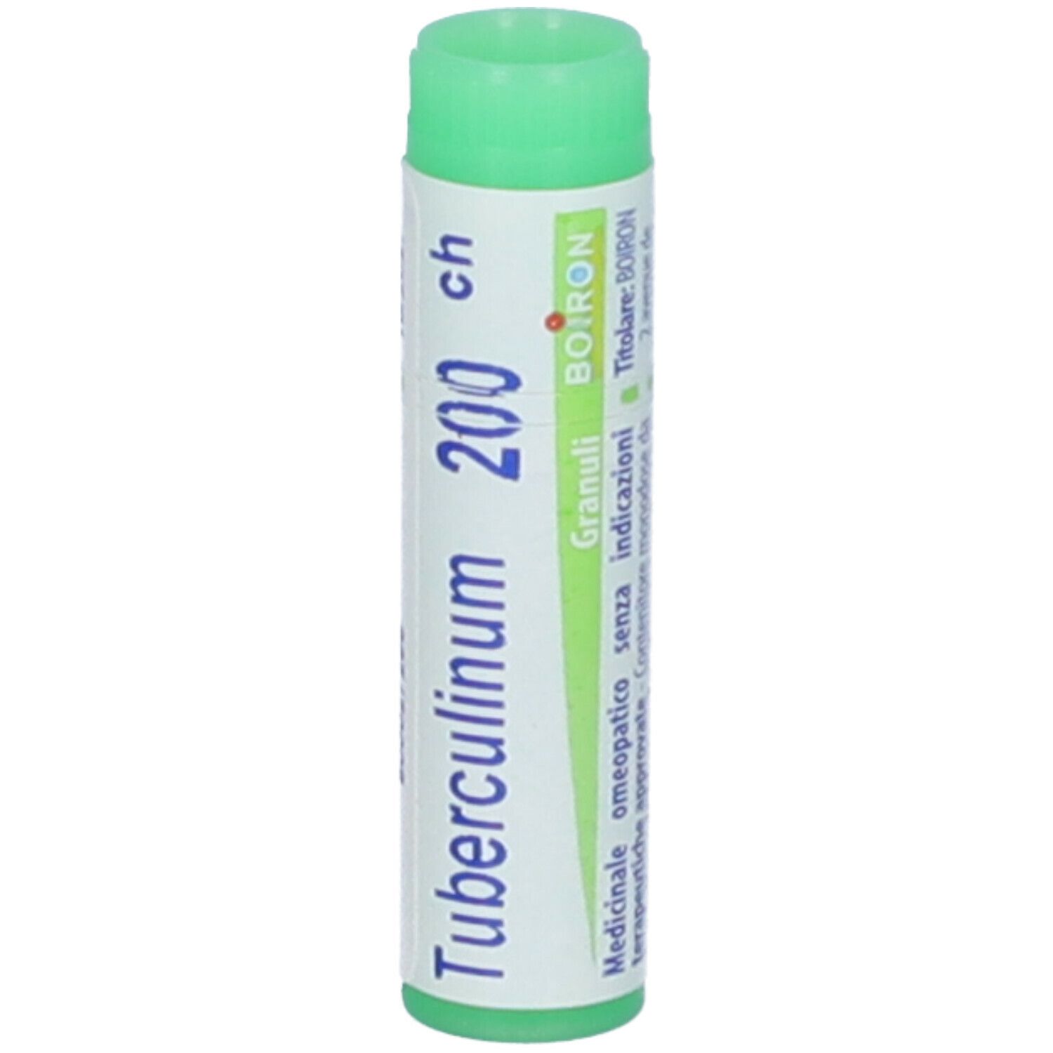 Confezione cilindrica con tappo verde. Scritta: Tubercolinum 200 ch, BOIRON. Ulteriori informazioni.