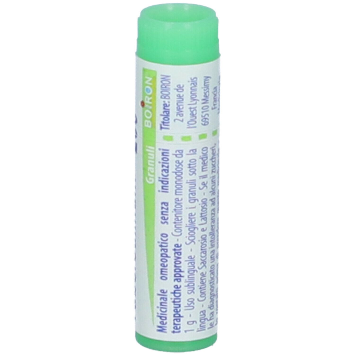 Confezione cilindrica con tappo verde. Scritta: Tubercolinum 200 ch, BOIRON. Ulteriori informazioni.
