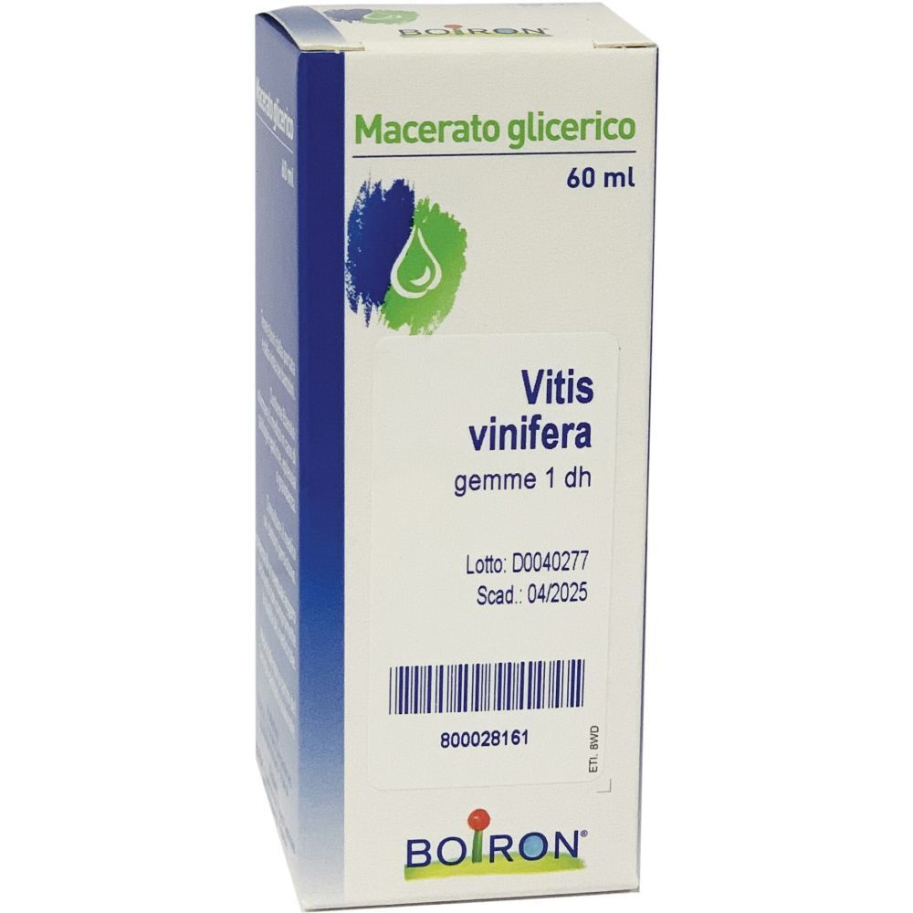 Scatola con etichetta prodotto. Testo: Macerato glicerico, Vitis vinifera, 60 ml. Marchio BOIRON.