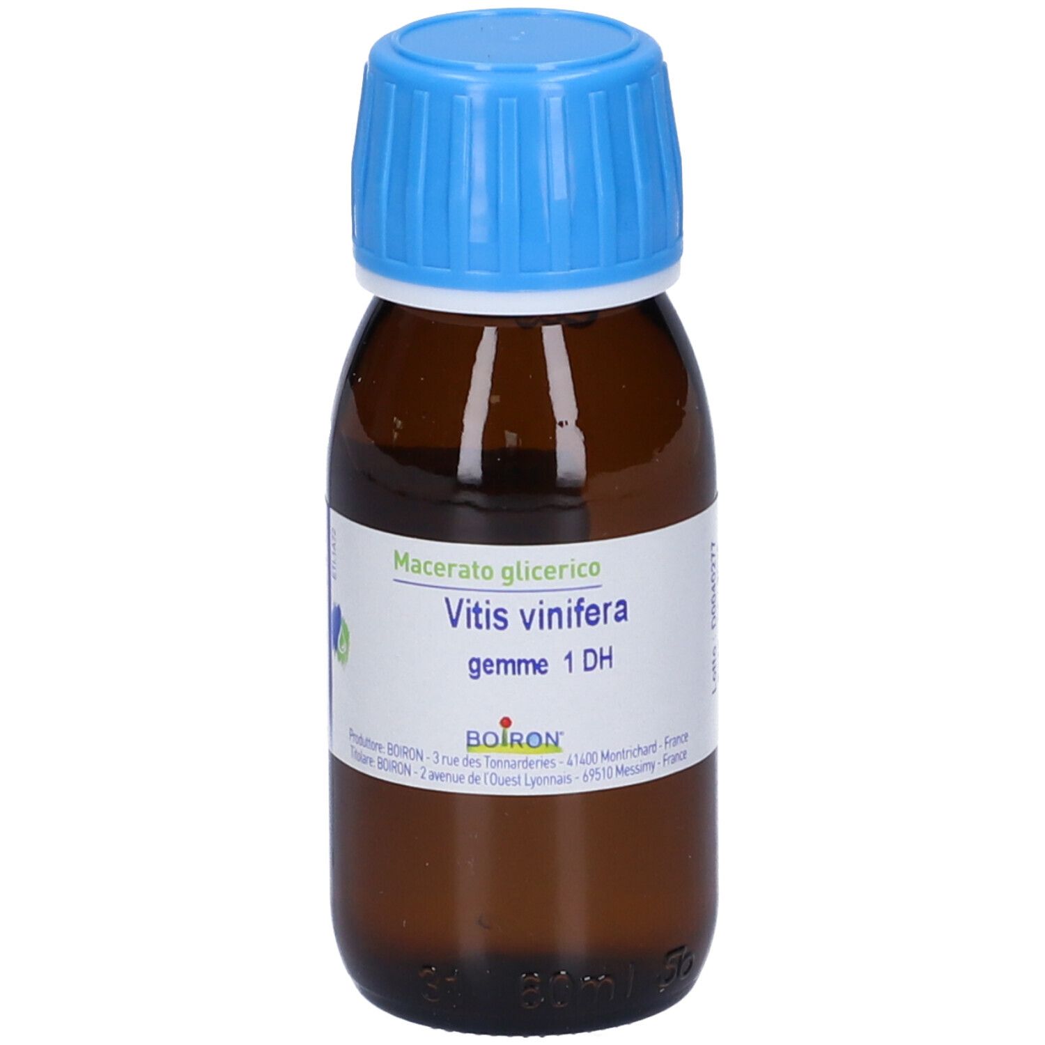 Flacone di vetro marrone, tappo blu. Etichetta: Macerato glicerico, Vitis vinifera, 1 DH.
