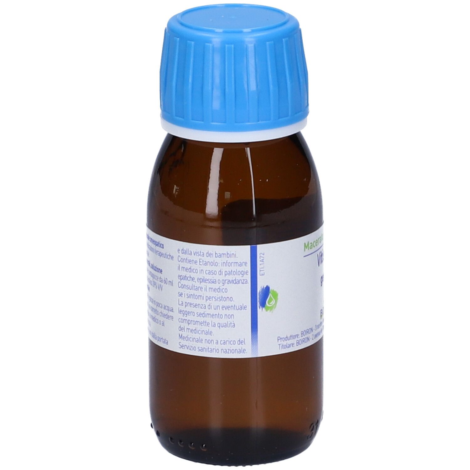 Flacone di vetro marrone, tappo blu. Etichetta con testo. Marchio BOIRON. Flacone in piedi.