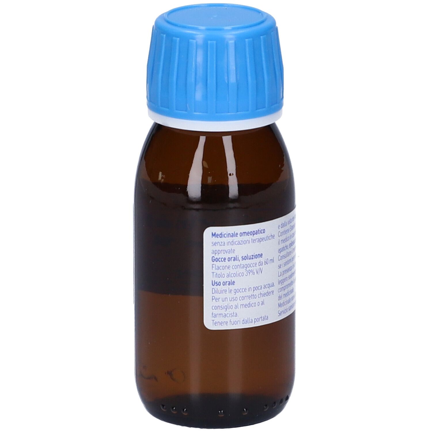Flacone di vetro marrone, tappo blu. Etichetta con testo. Marchio BOIRON. Flacone in piedi.