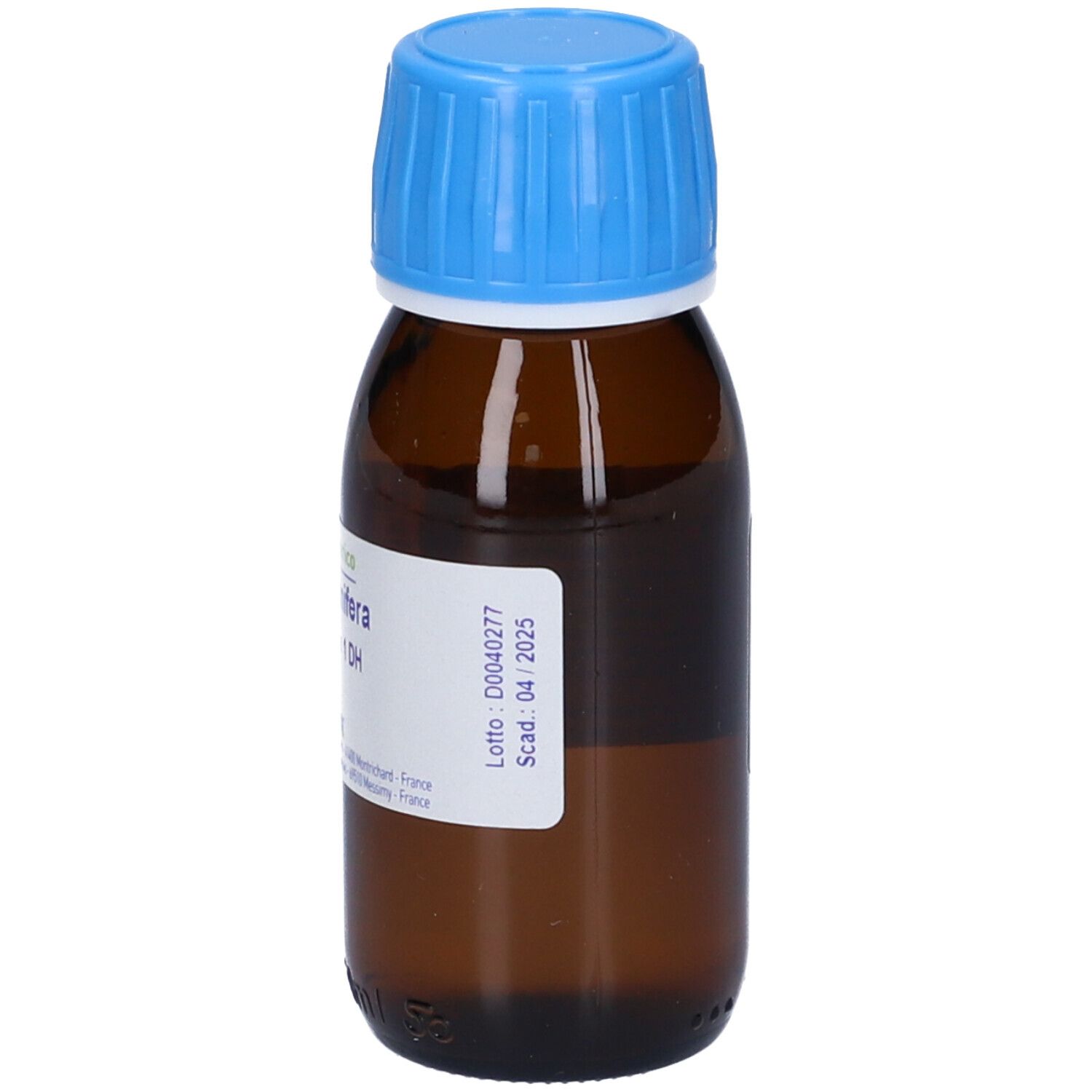 Flacone di vetro marrone, tappo blu. Etichetta con testo. Marchio BOIRON. Flacone in piedi.