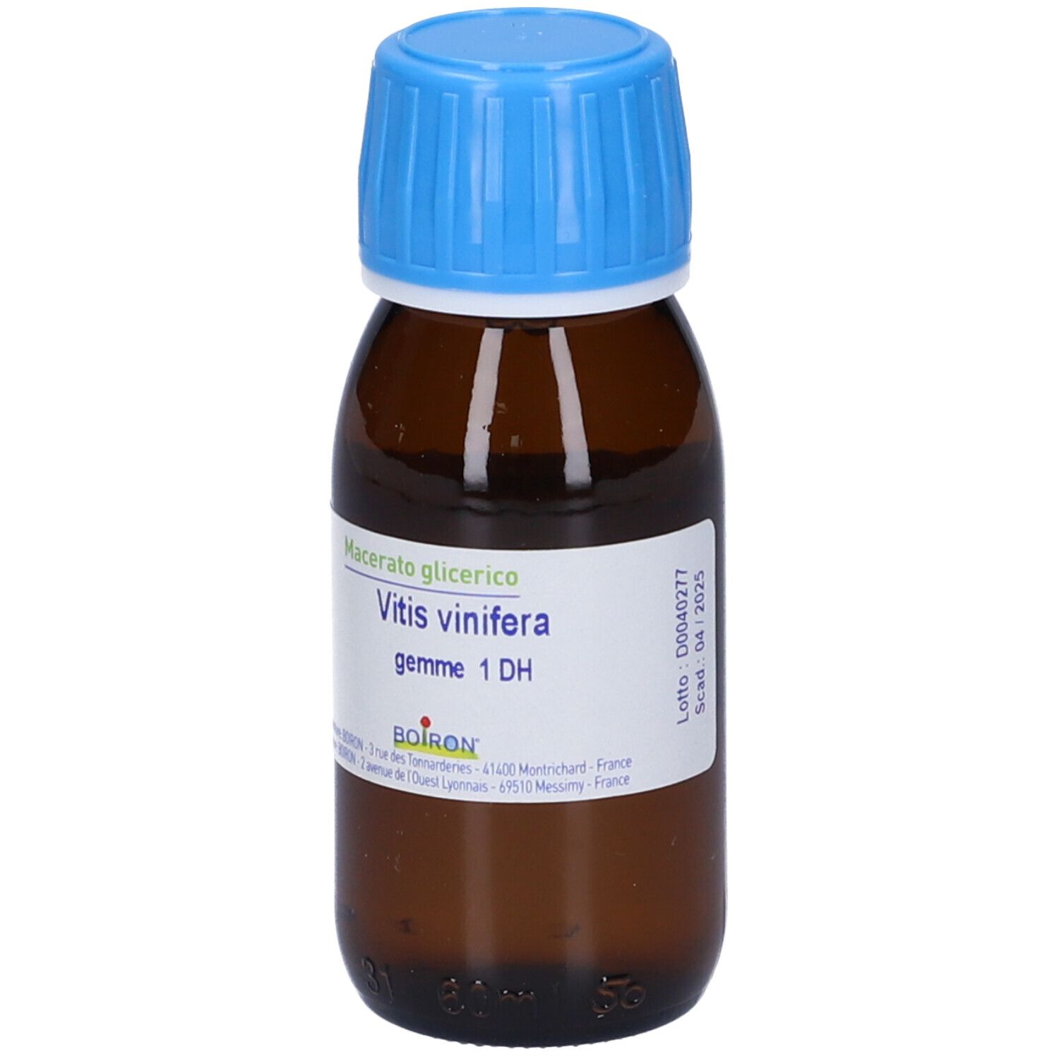 Flacone di vetro marrone, tappo blu. Etichetta con testo. Marchio BOIRON. Flacone in piedi.