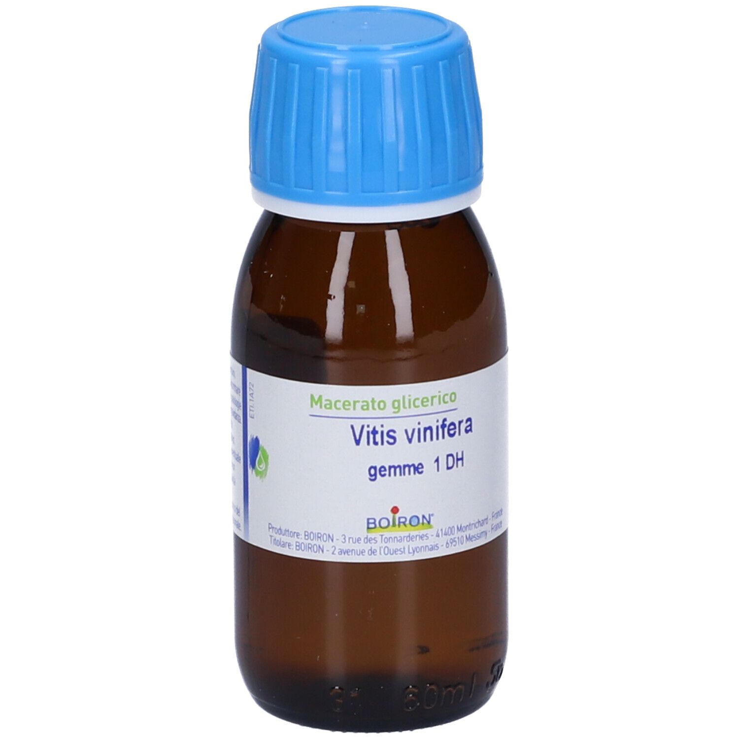 Flacone di vetro marrone, tappo blu. Etichetta con testo. Marchio BOIRON. Flacone in piedi.