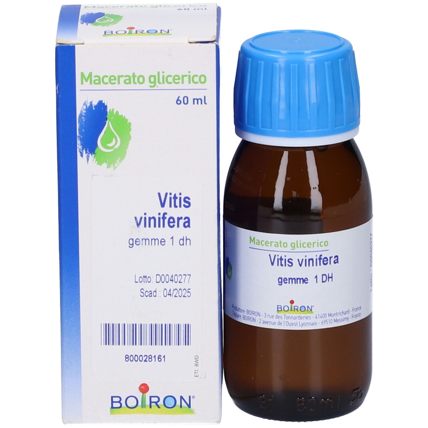 Flacone di vetro marrone, tappo blu e scatola. Etichetta e scatola con testo. Marchio BOIRON.