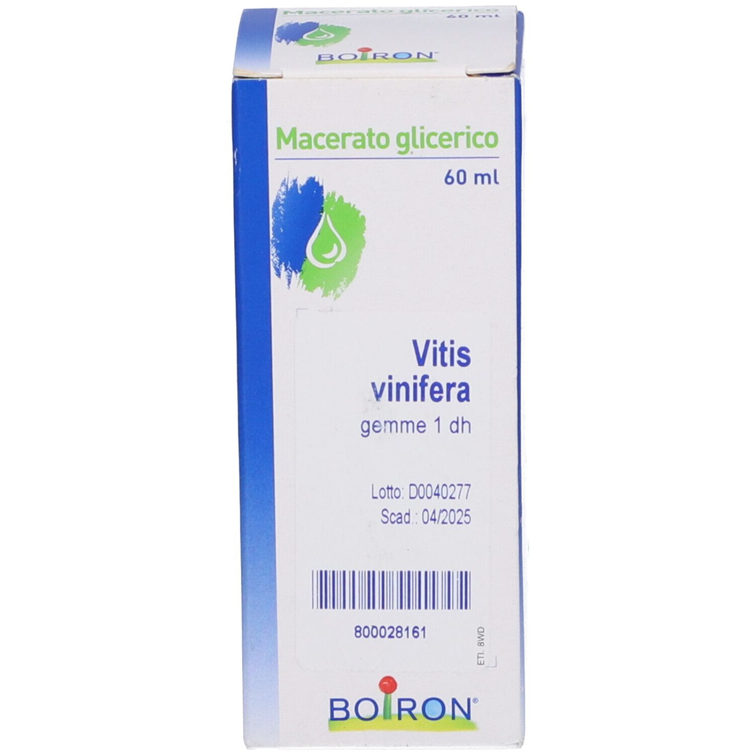 Scatola con etichetta prodotto. Testo: Macerato glicerico, Vitis vinifera, 60 ml. Marchio BOIRON.