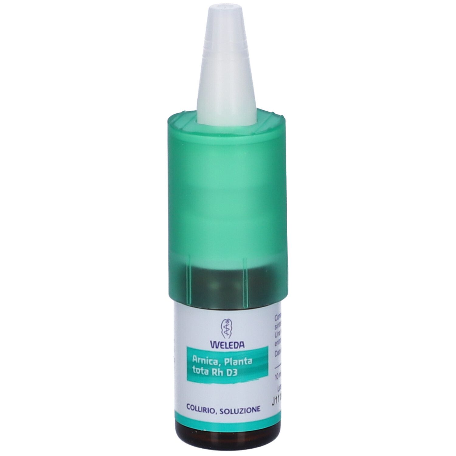 Flacone di collirio con tappo verde. Scritta: Weleda, Arnica Planta Tota Rh D3, Collirio, Soluzione.