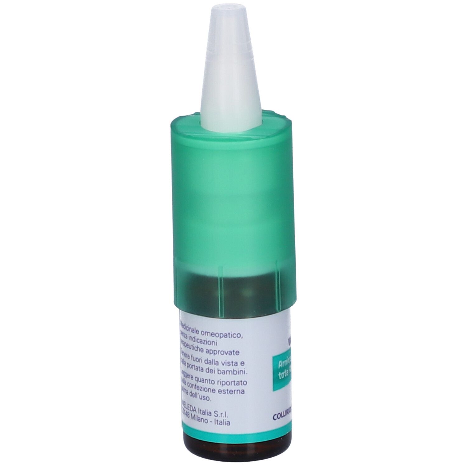 Retro del flacone di collirio. Scritta: Weleda, Arnica Planta Tota Rh D3, Collirio, Soluzione. Testo.