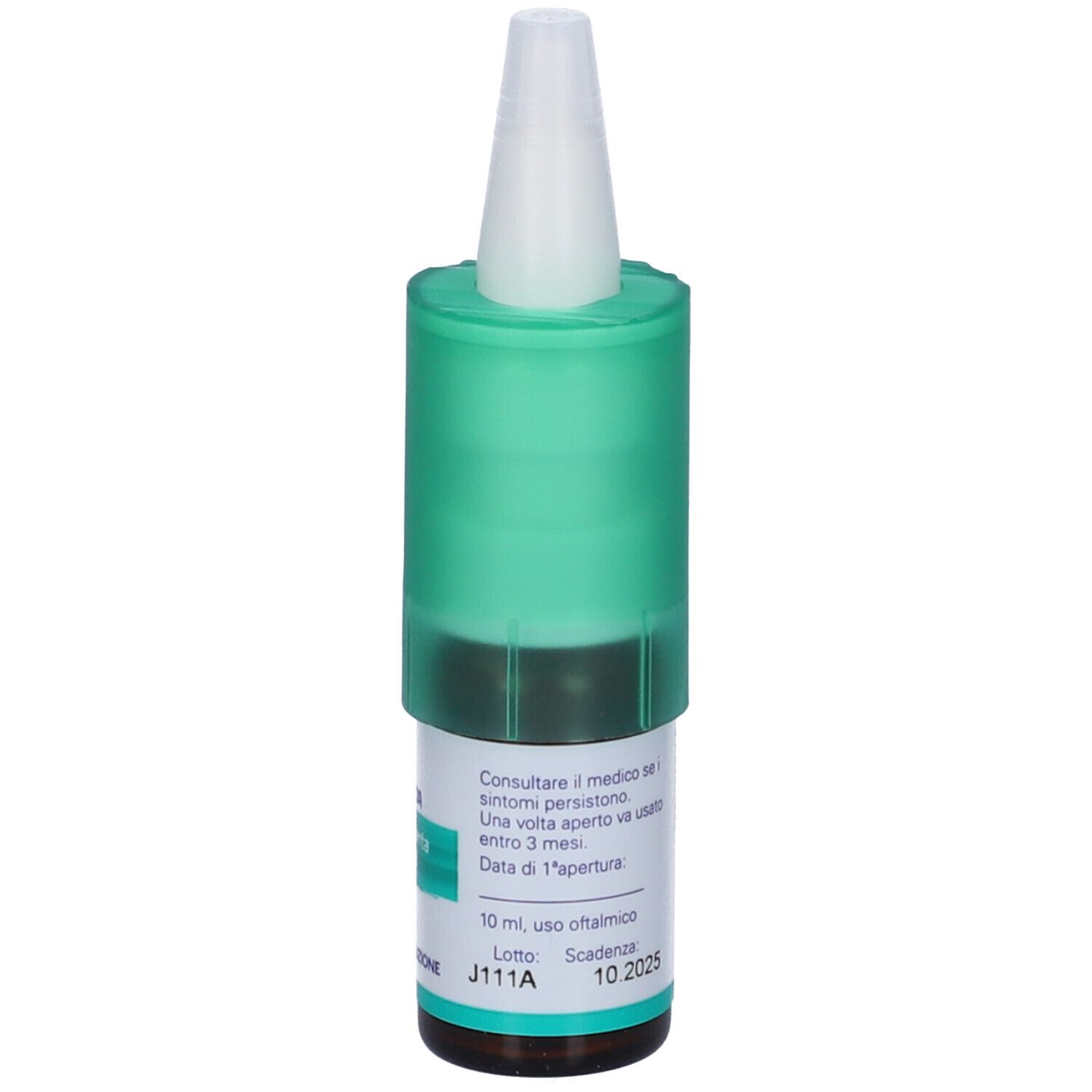 Retro del flacone di collirio. Testo e data di scadenza. Scritta: Weleda, Arnica Planta Tota Rh D3, Collirio, Soluzione.