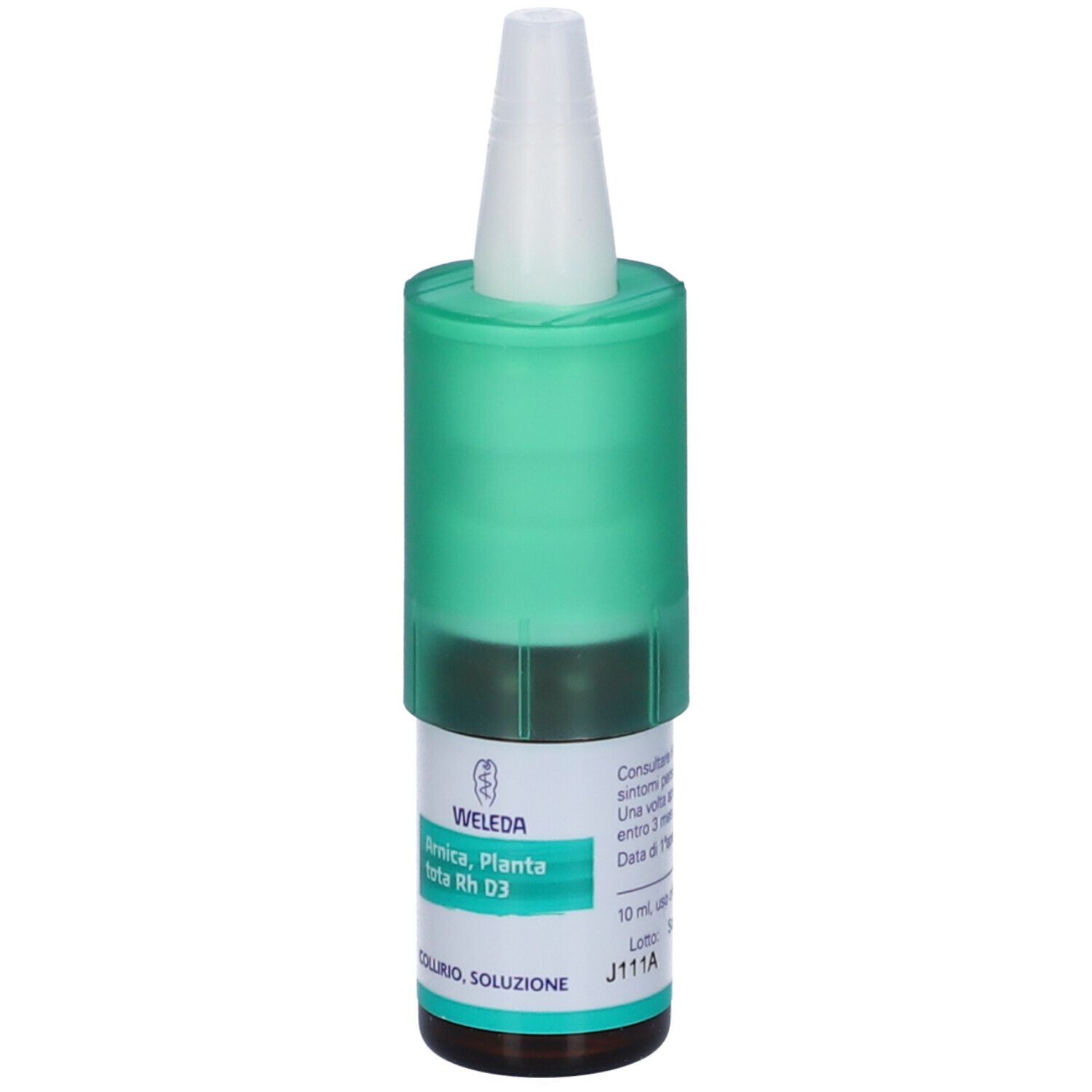 Flacone di collirio con tappo verde. Scritta: Weleda, Arnica Planta Tota Rh D3, Collirio, Soluzione.