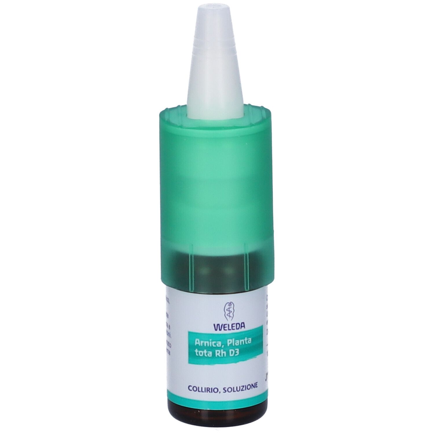 Flacone di collirio con tappo verde. Scritta: Weleda, Arnica Planta Tota Rh D3, Collirio, Soluzione.