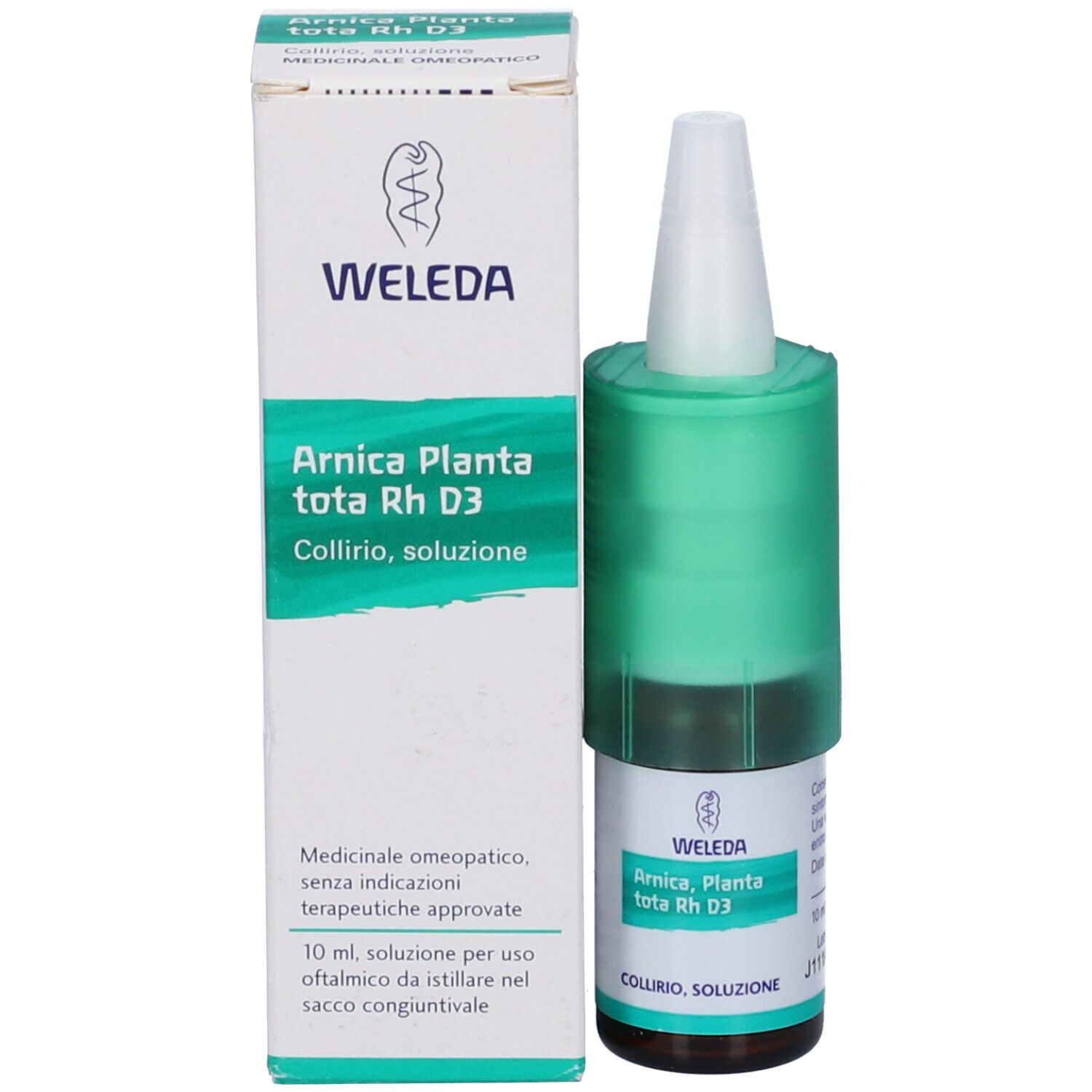 Flacone di collirio e confezione. Scritta: Weleda, Arnica Planta Tota Rh D3, Collirio, Soluzione.