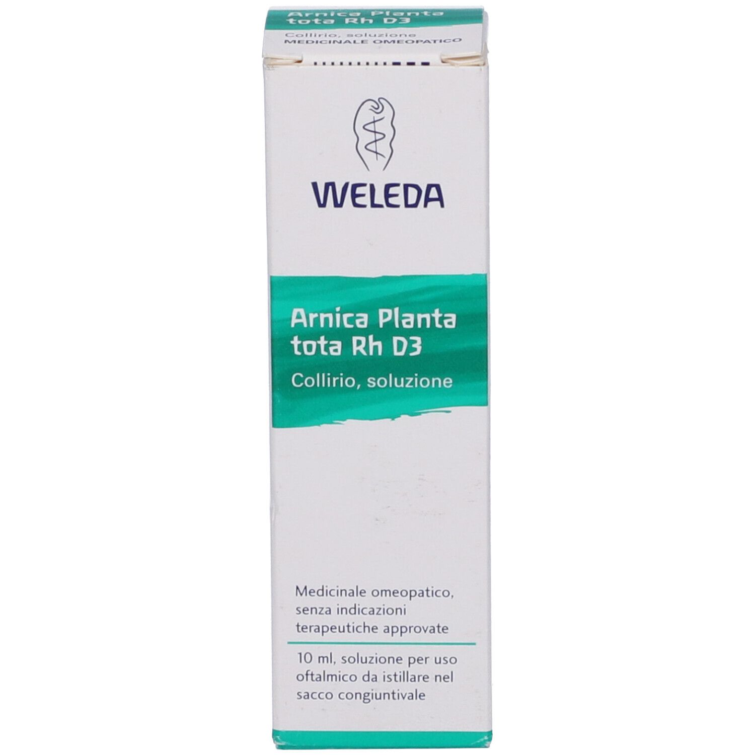Confezione del flacone di collirio. Scritta: Weleda, Arnica Planta Tota Rh D3, Collirio, Soluzione. Testo.