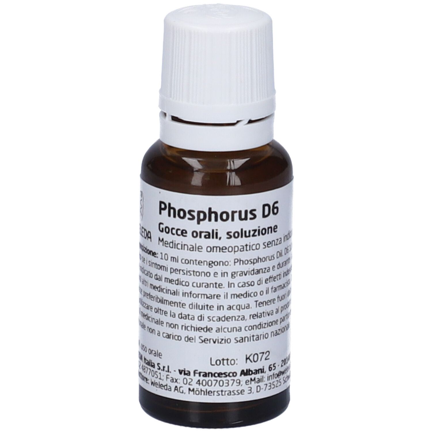 Flacone di vetro marrone con tappo bianco. Scritta: Phosphorus D6, Weleda. Gocce per uso orale.
