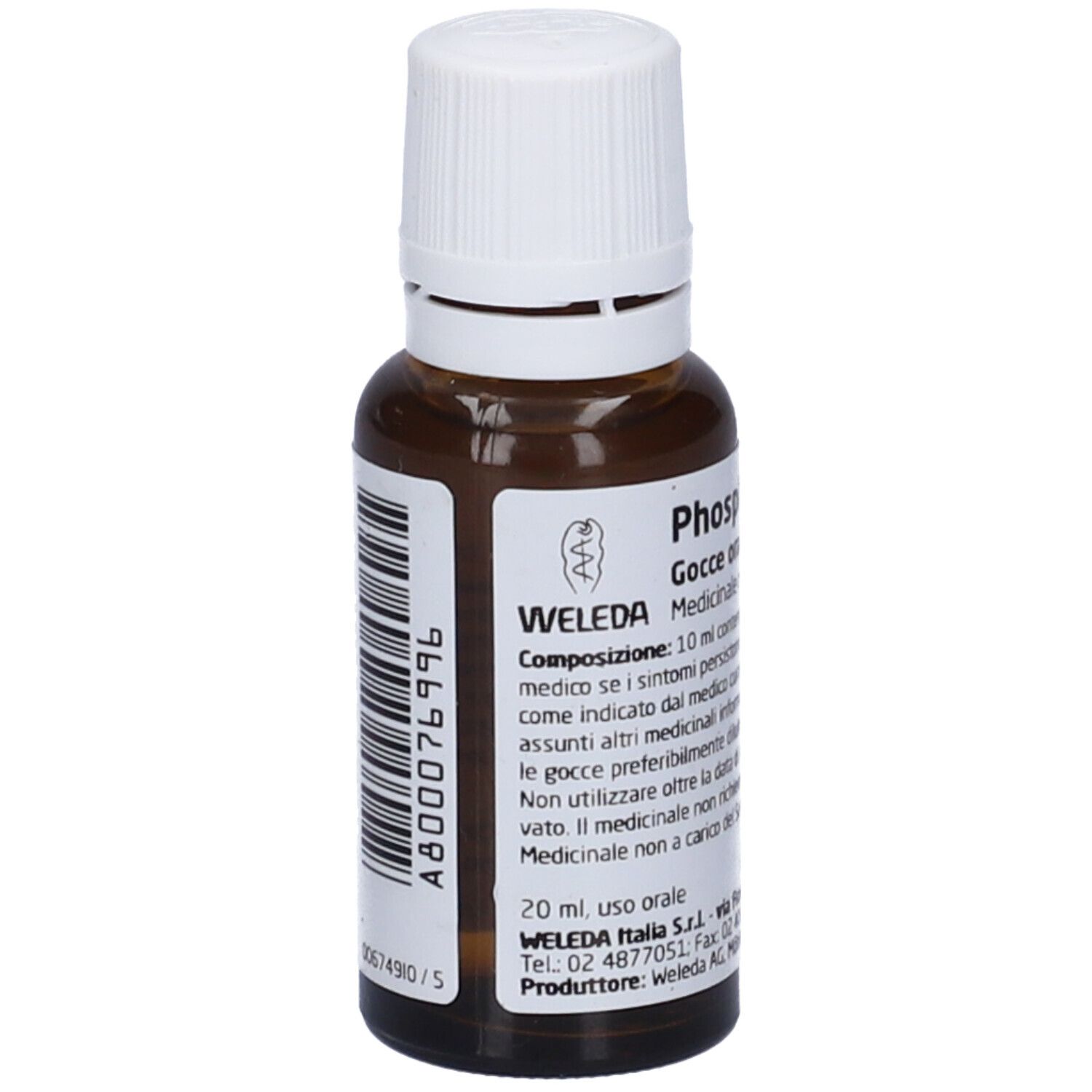 Flacone di vetro marrone con tappo bianco. Scritta: Weleda, Phosphorus D6. Codice a barre e testo sull'etichetta.
