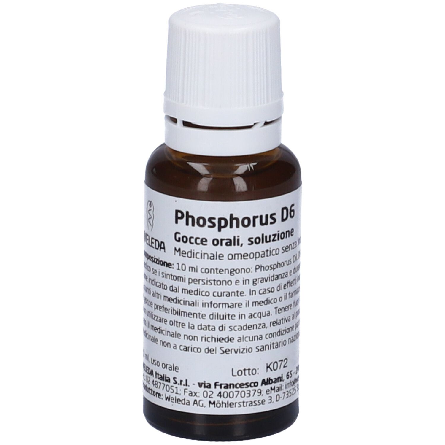 Flacone di vetro marrone con tappo bianco. Scritta: Phosphorus D6, Weleda. Gocce per uso orale.